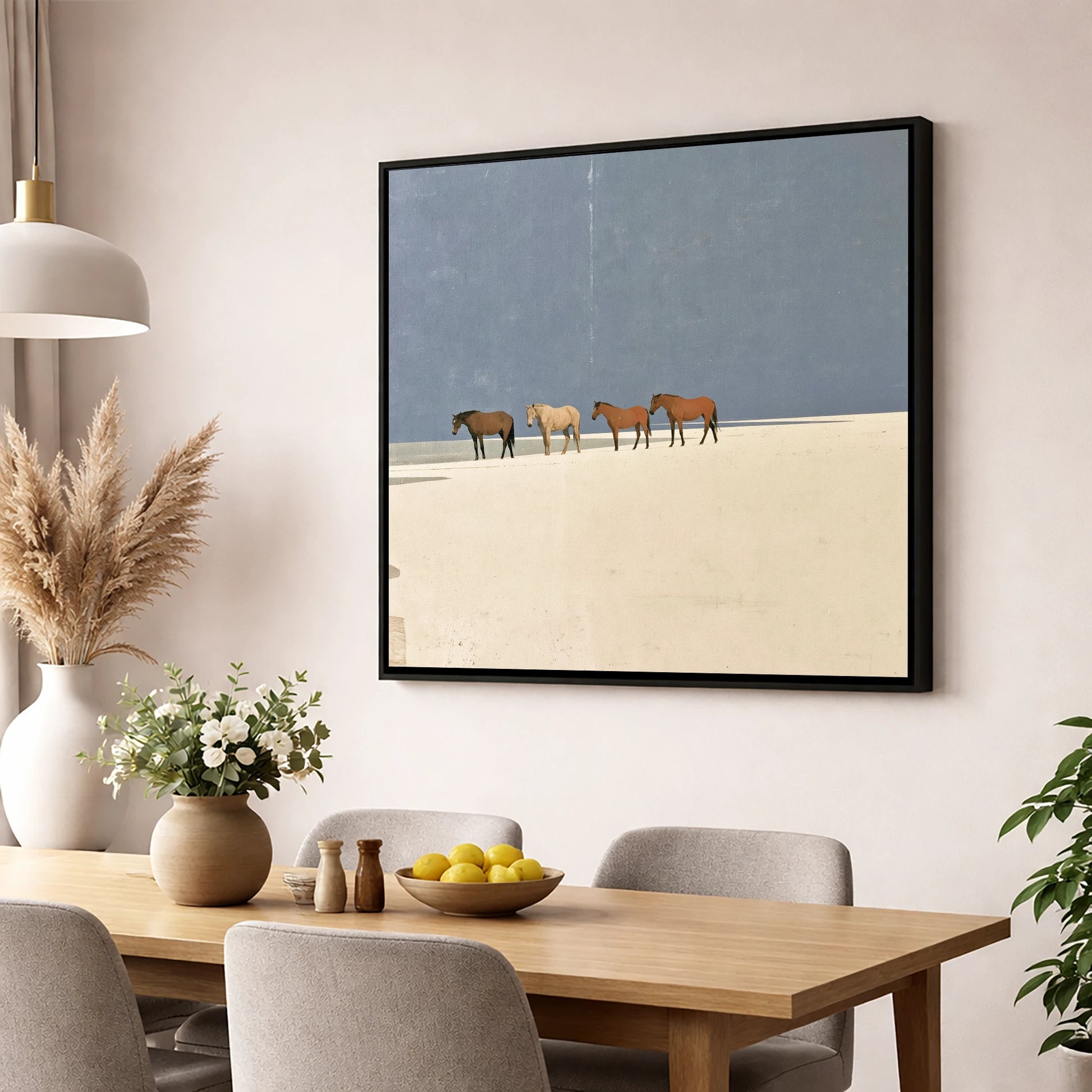 Stillness on the Horizon horse landscape wall art displayed in a dining room