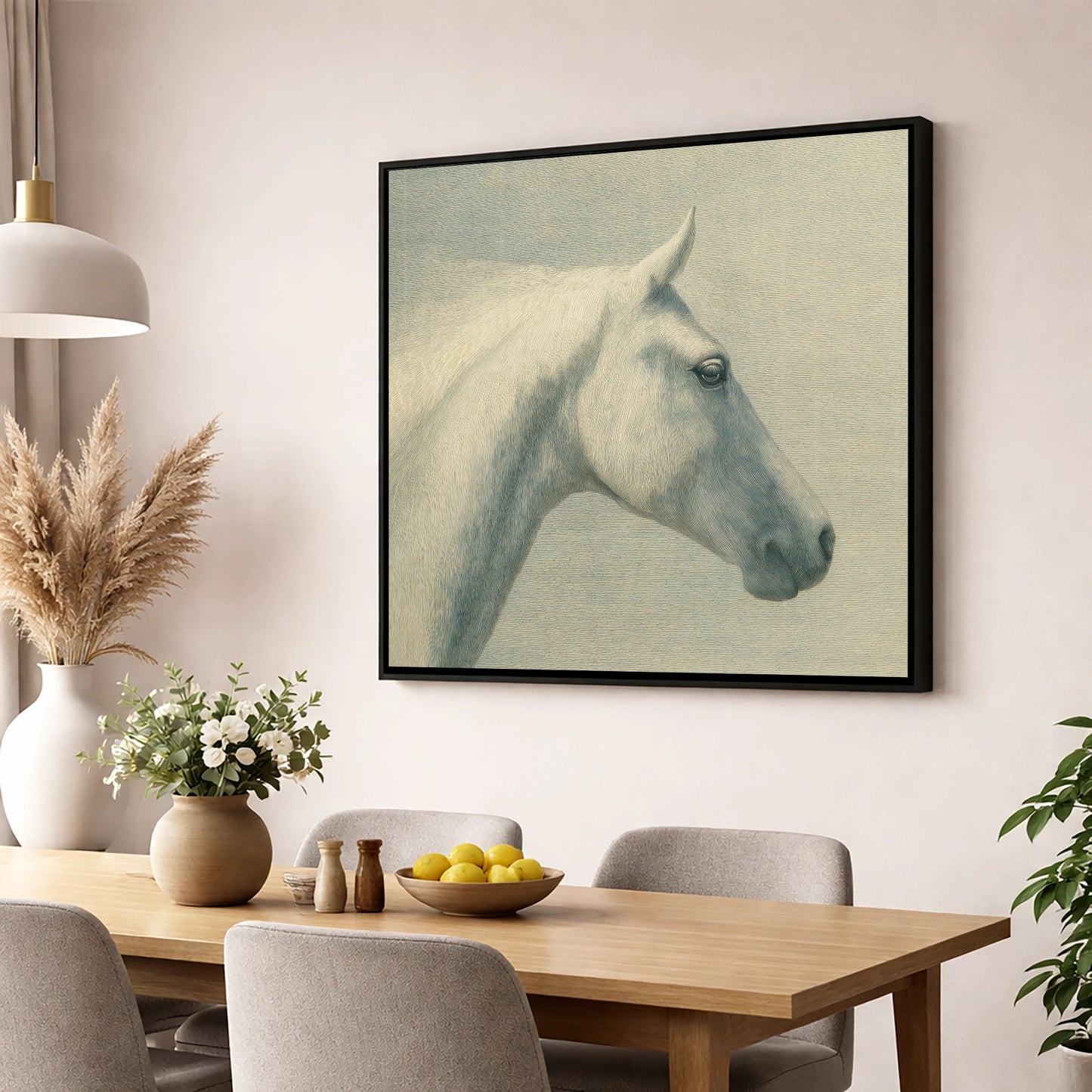 Classic Grey Profile horse breed wall art displayed in a dining room