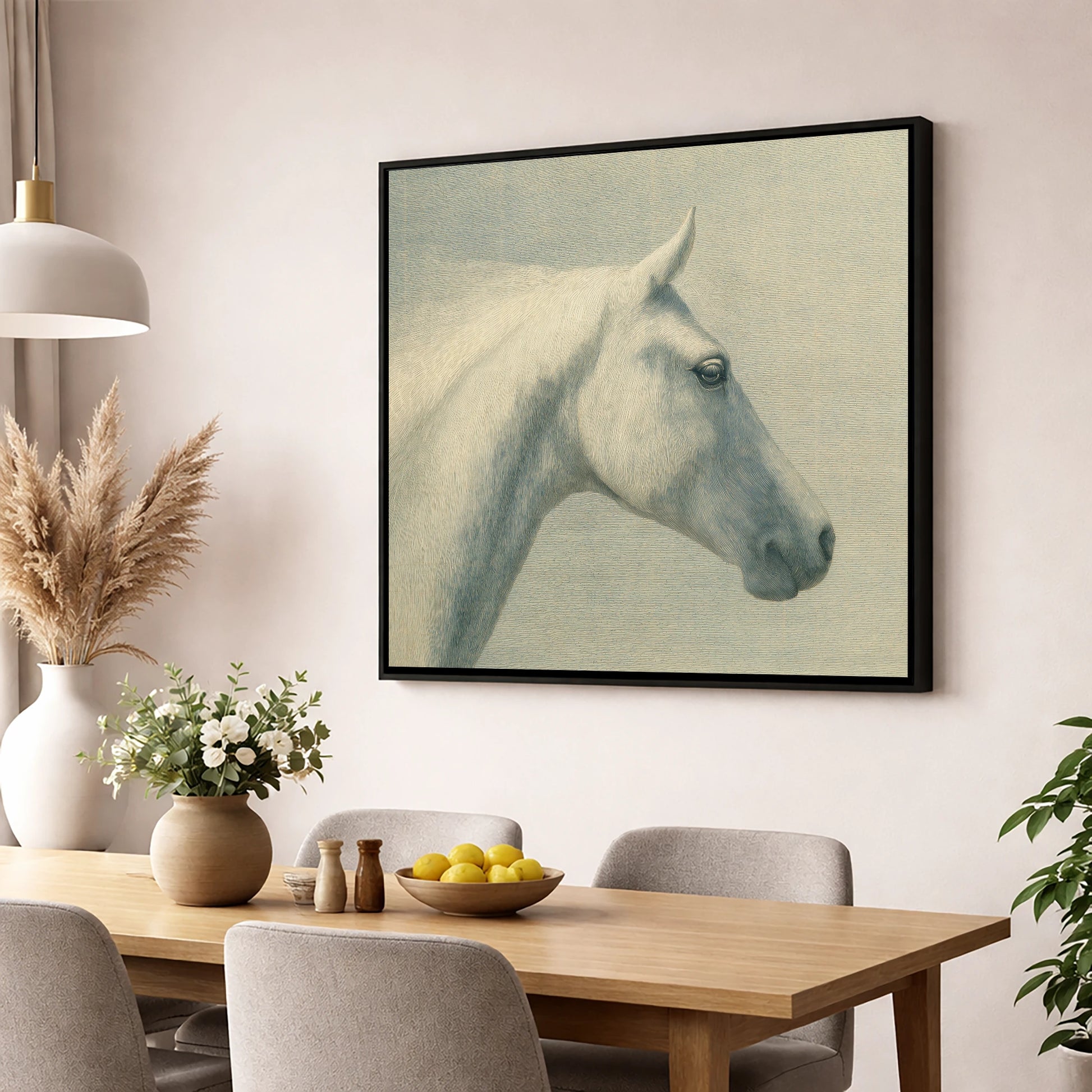Classic Grey Profile horse breed wall art displayed in a dining room