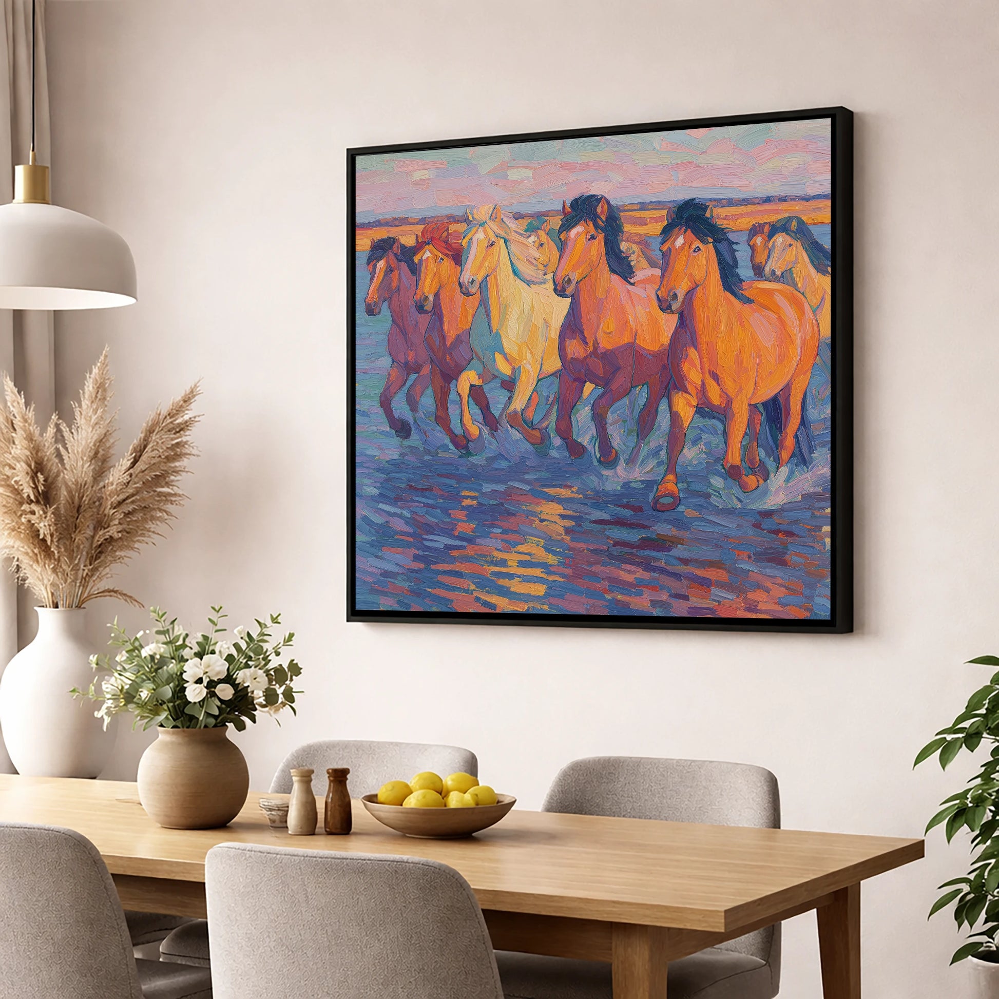 The Painted Tide horse landscape wall art displayed in a dining room
