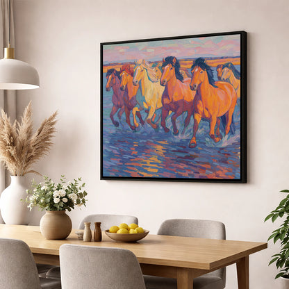 The Painted Tide horse landscape wall art displayed in a dining room