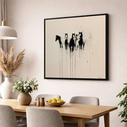 The Silent Herd wild horses wall art displayed in a dining room