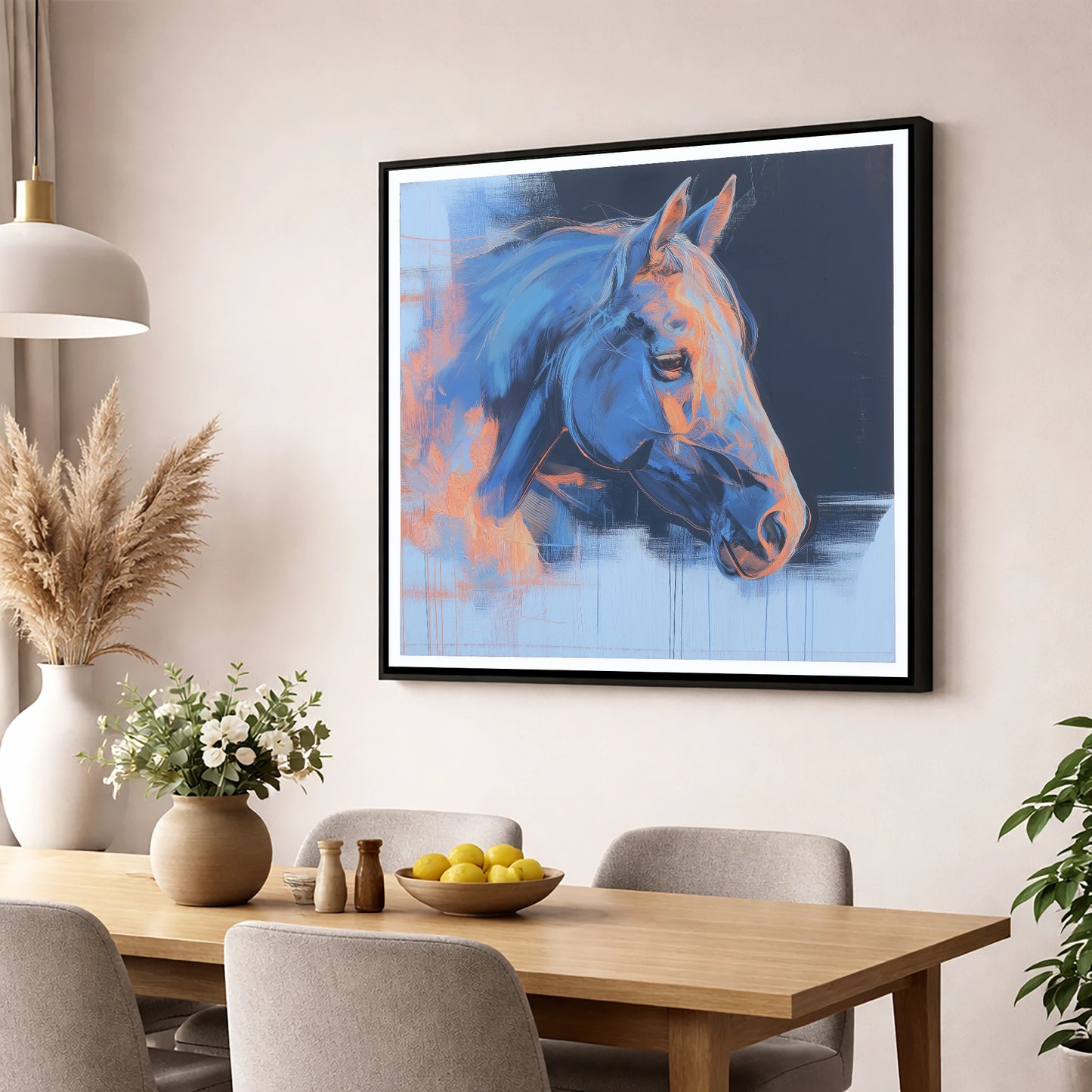 Expressive Cobalt Profile horse portrait wall art displayed in a dining room