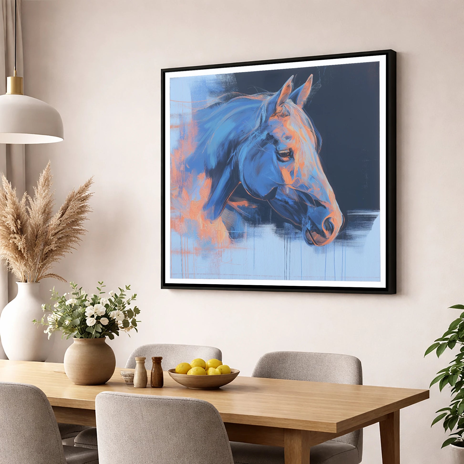 Expressive Cobalt Profile horse portrait wall art displayed in a dining room