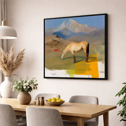 Golden Mountain Pasture horse landscape wall art displayed in a dining room