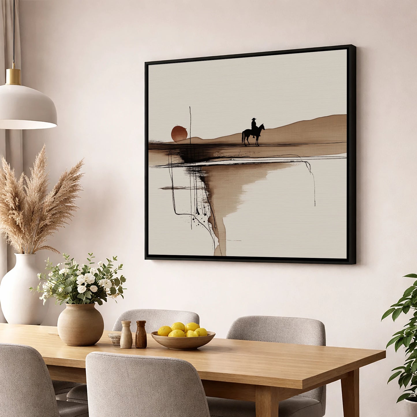 The Quiet Range western horse wall art displayed in a dining room