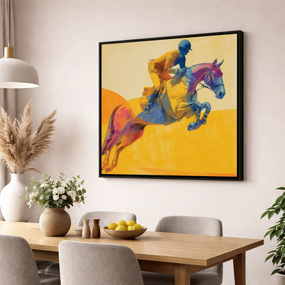 Flight Over Gold show jumping horse wall art displayed in a dining room