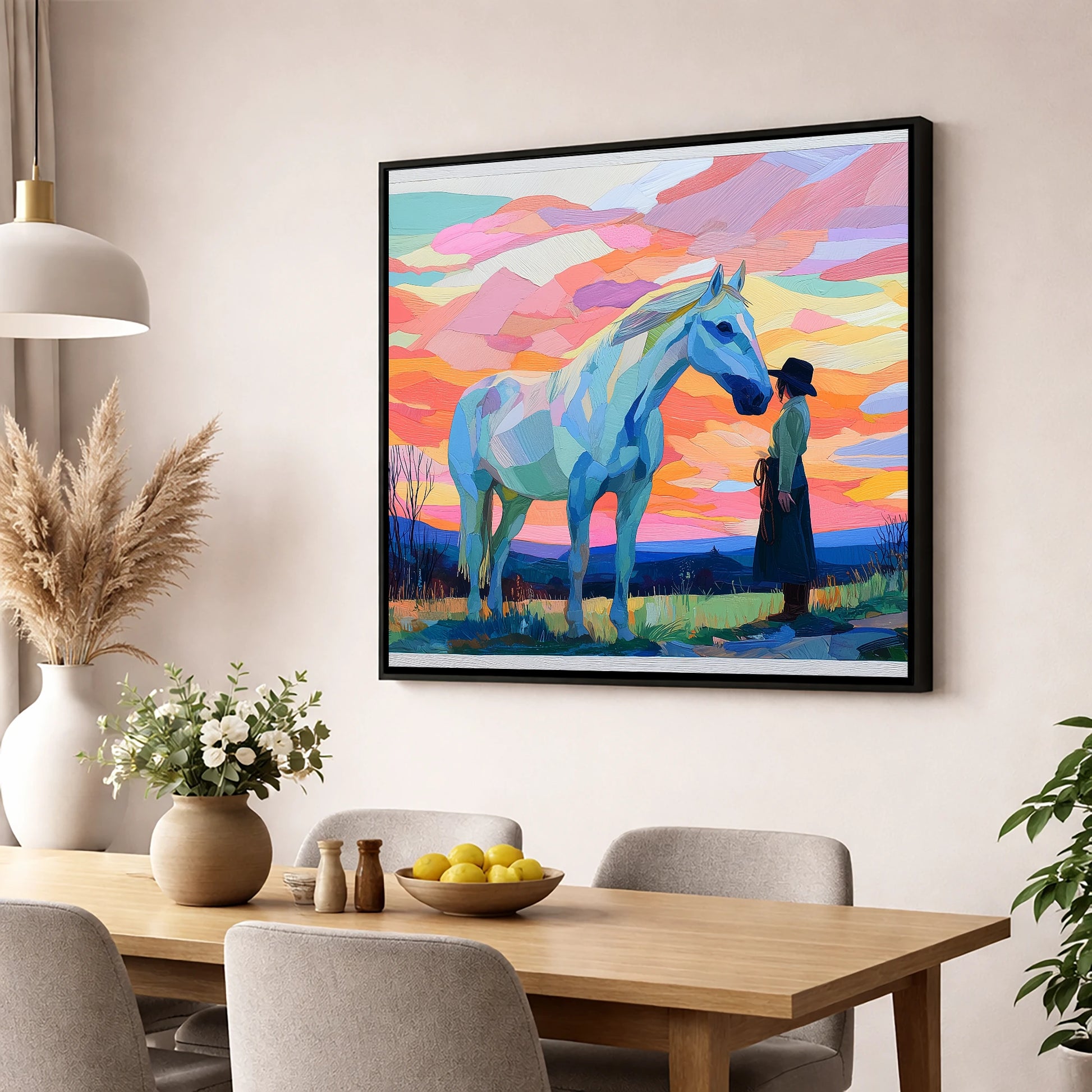 Vibrant Horizon Partnership horse & rider wall art displayed in a dining room