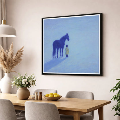 The Indigo Companion horse & rider wall art displayed in a dining room