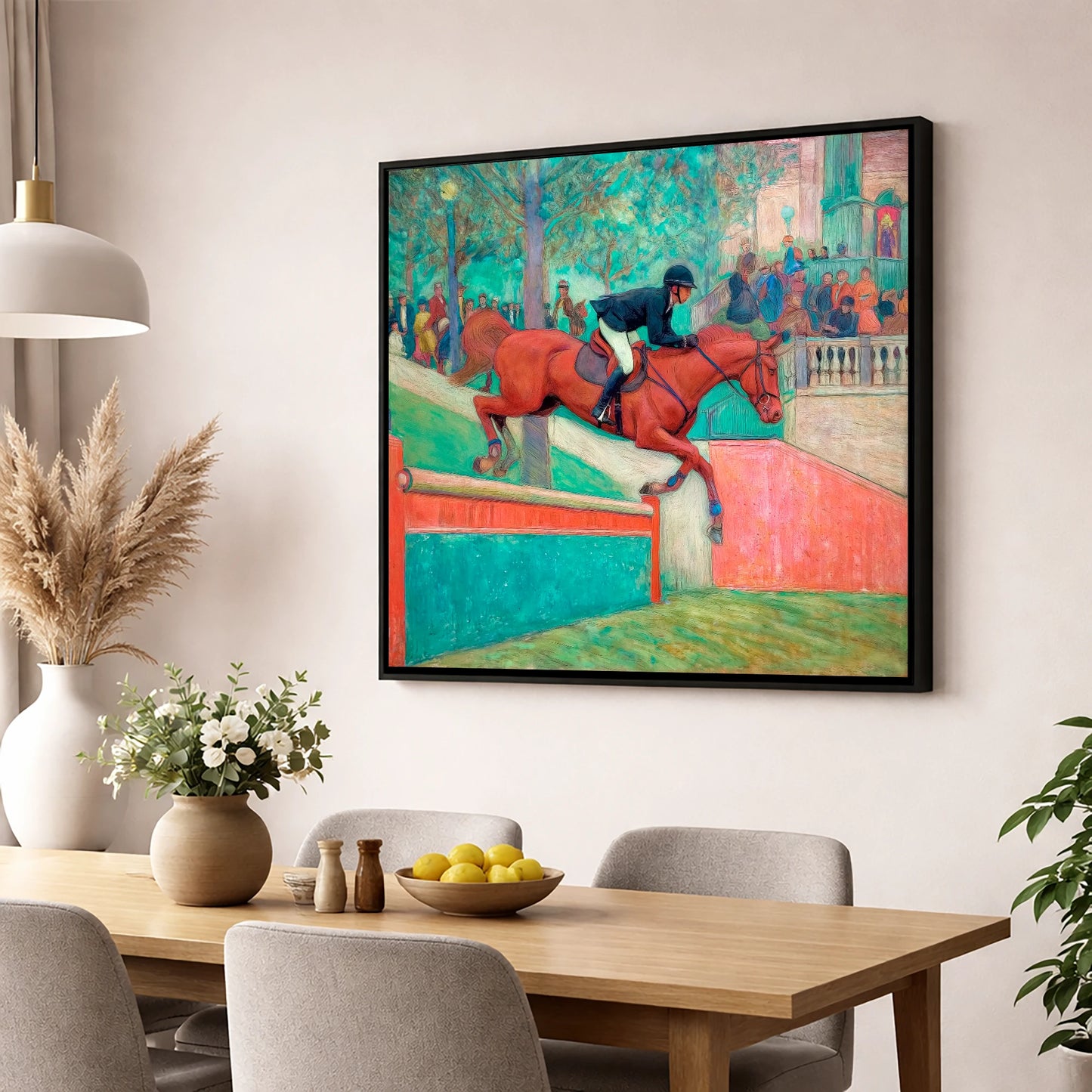 The Emerald Leap show jumping horse wall art displayed in a dining room