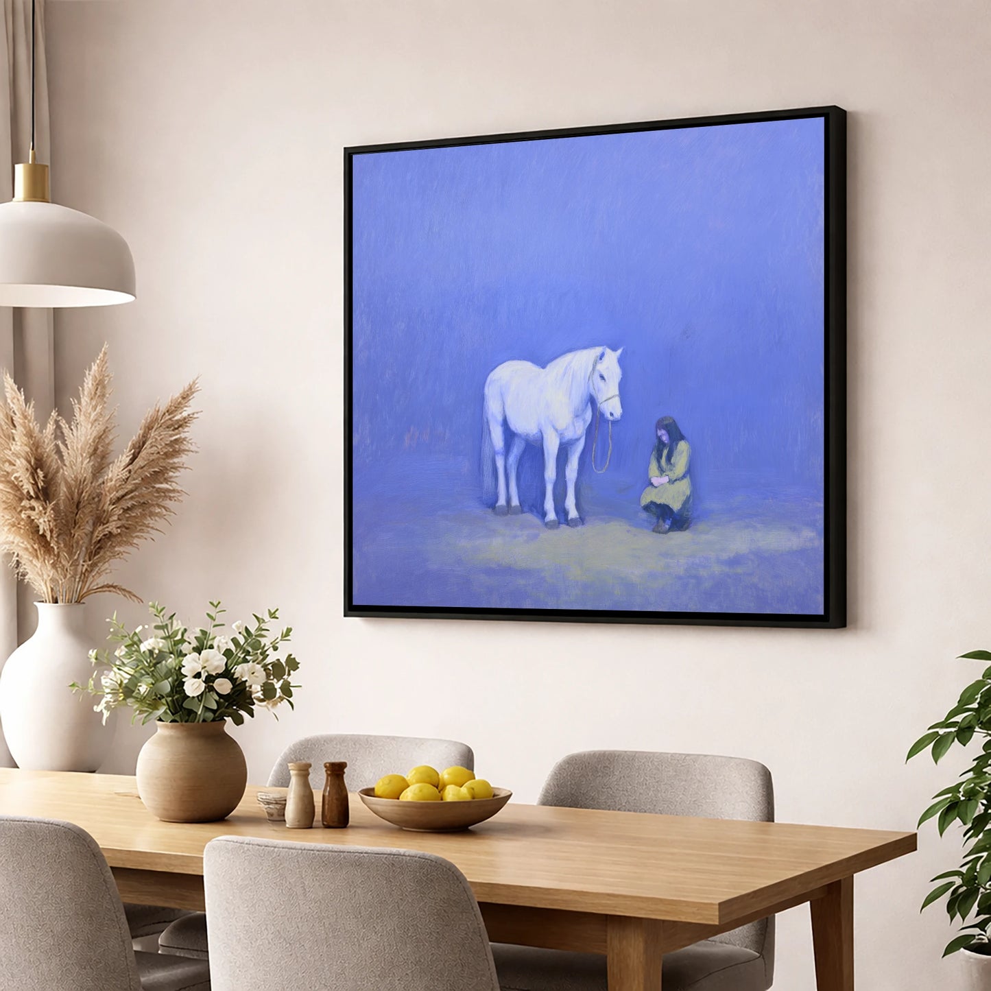 Solace in Azure horse & rider wall art displayed in a dining room