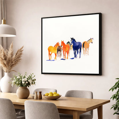 Vibrant Herd horse landscape wall art displayed in a dining room
