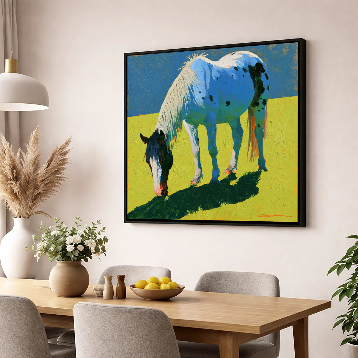 Vibrant Appaloosa Horse Grazing horse breed wall art displayed in a dining room