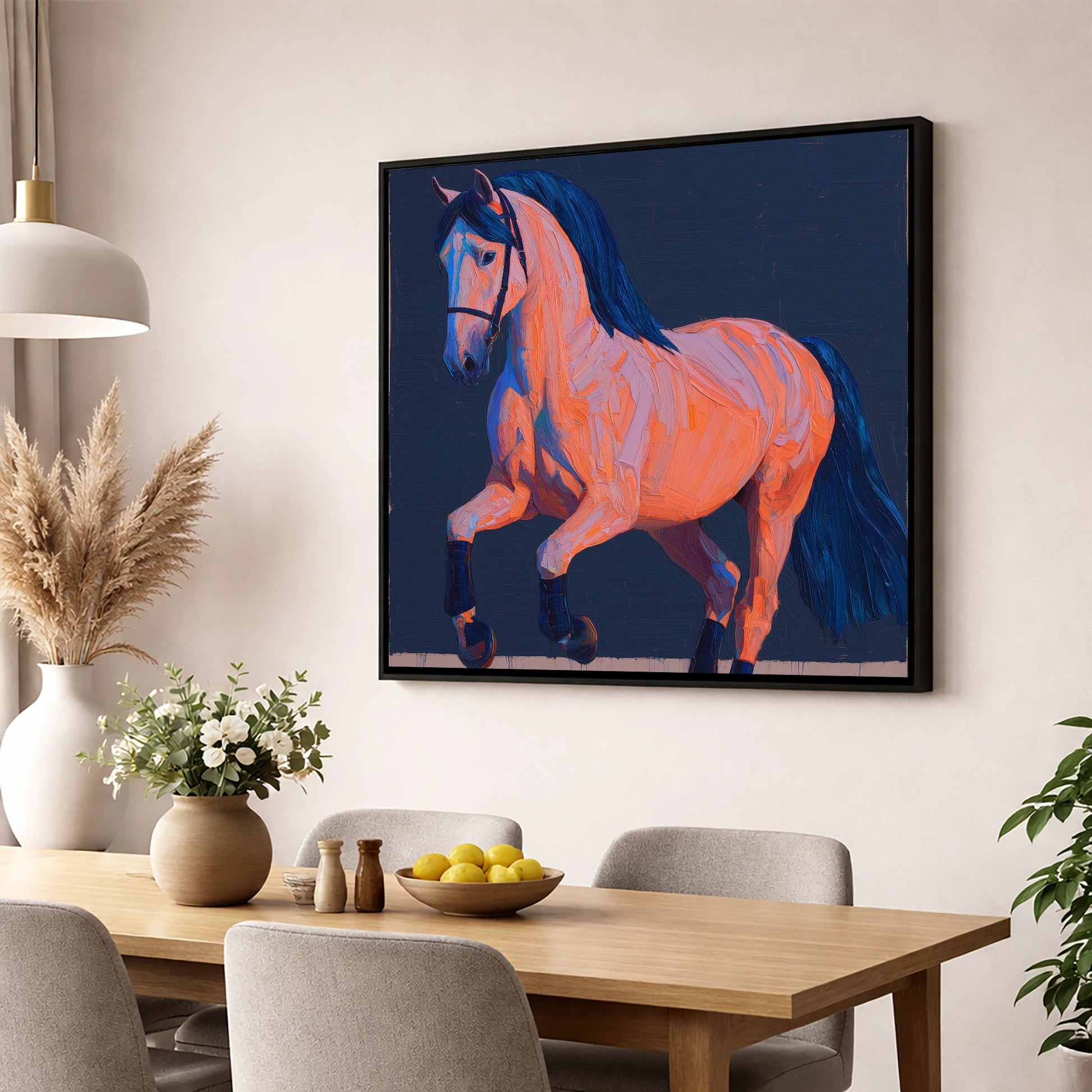 Vibrant Dressage Equine horse breed wall art displayed in a dining room