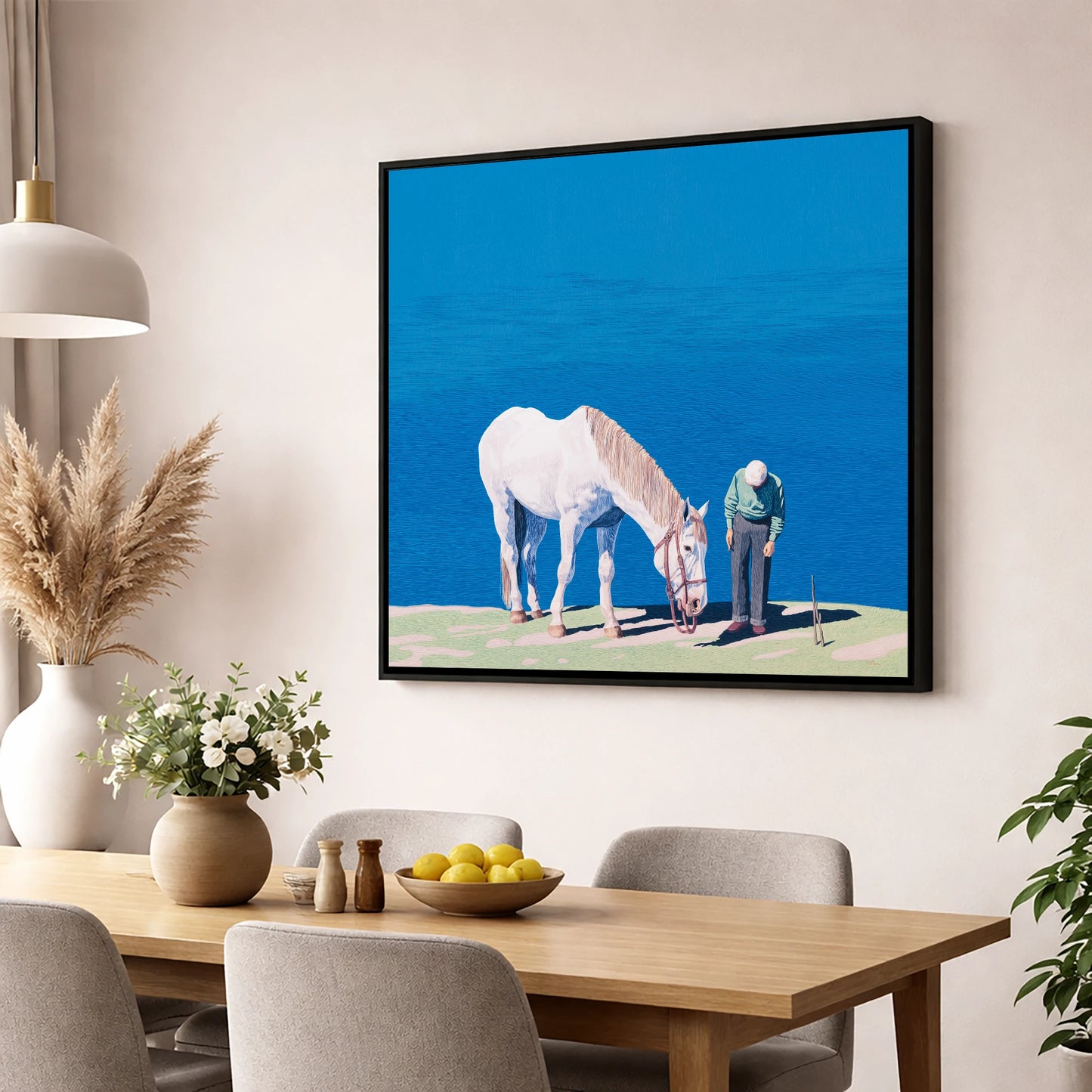 Shared Silence horse & rider wall art displayed in a dining room