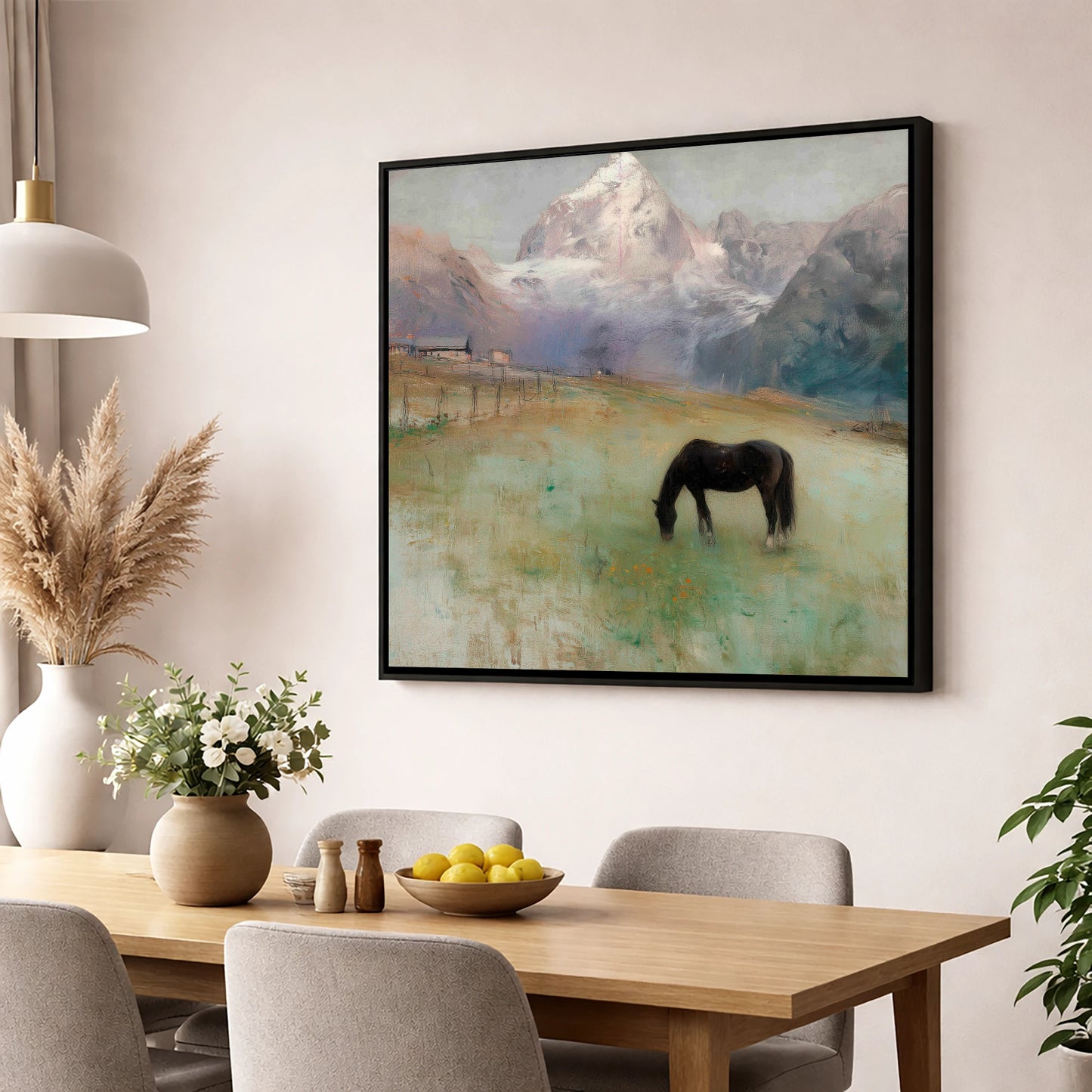 Alpine Pasture Solitude horse landscape wall art displayed in a dining room