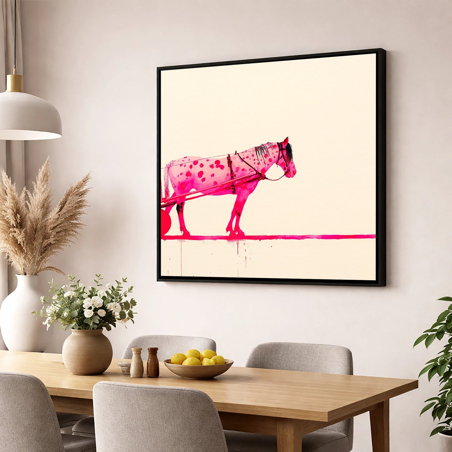 Vibrant Spotted Harness working horse wall art displayed in a dining room