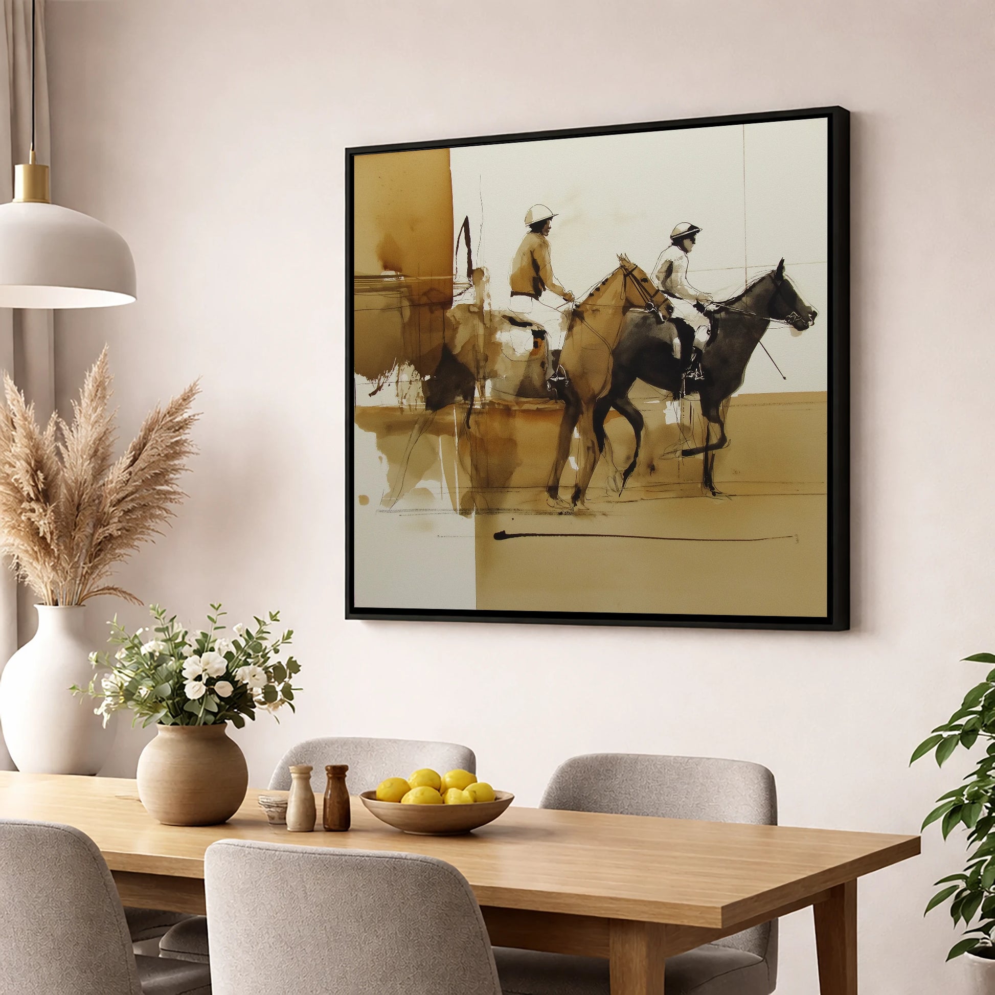 Going to Post racing horse wall art displayed in a dining room