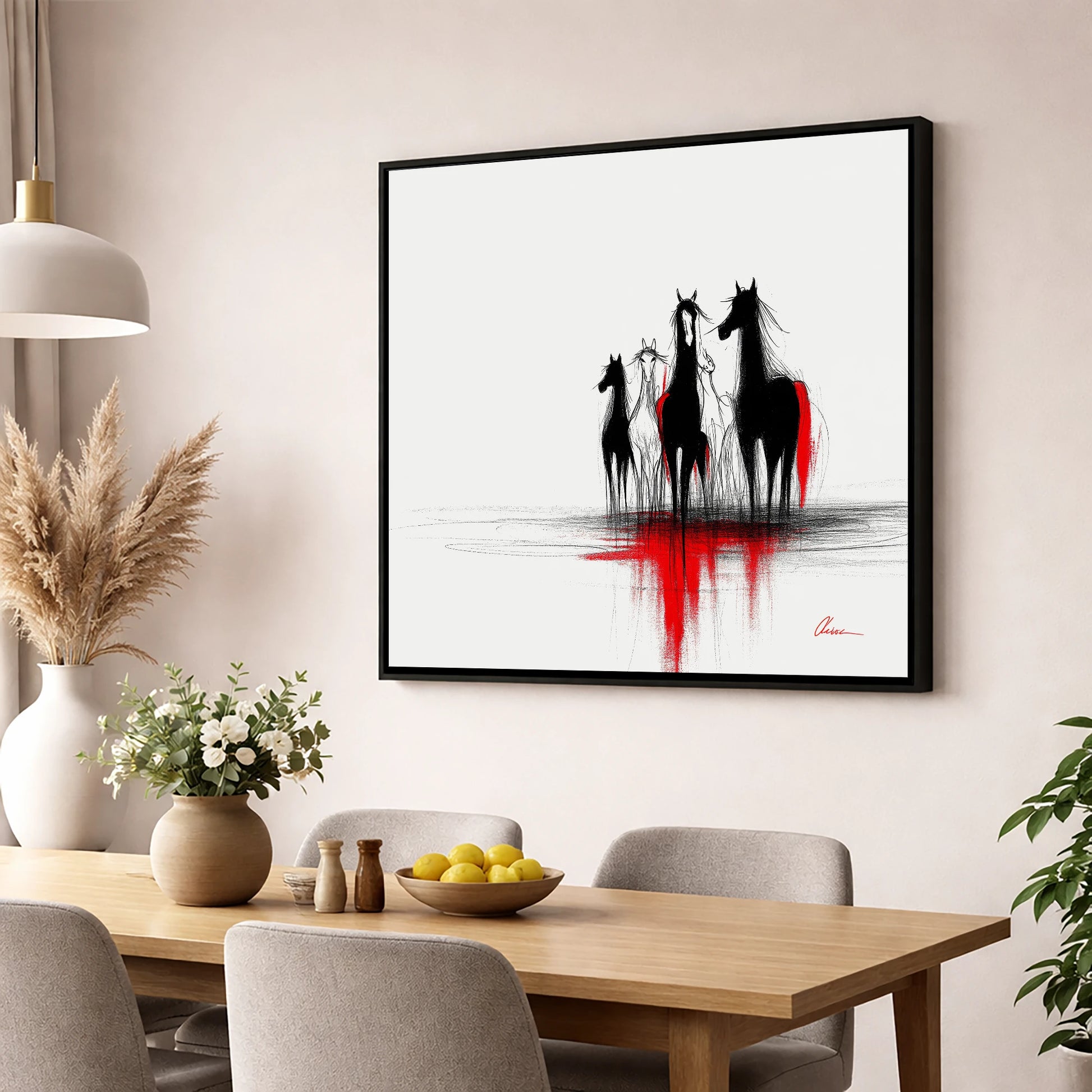 Shadows in Scarlet wild horses wall art displayed in a dining room