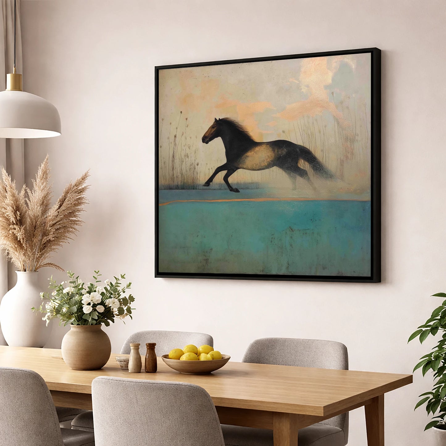 Gilded Horizon Canter horse landscape wall art displayed in a dining room