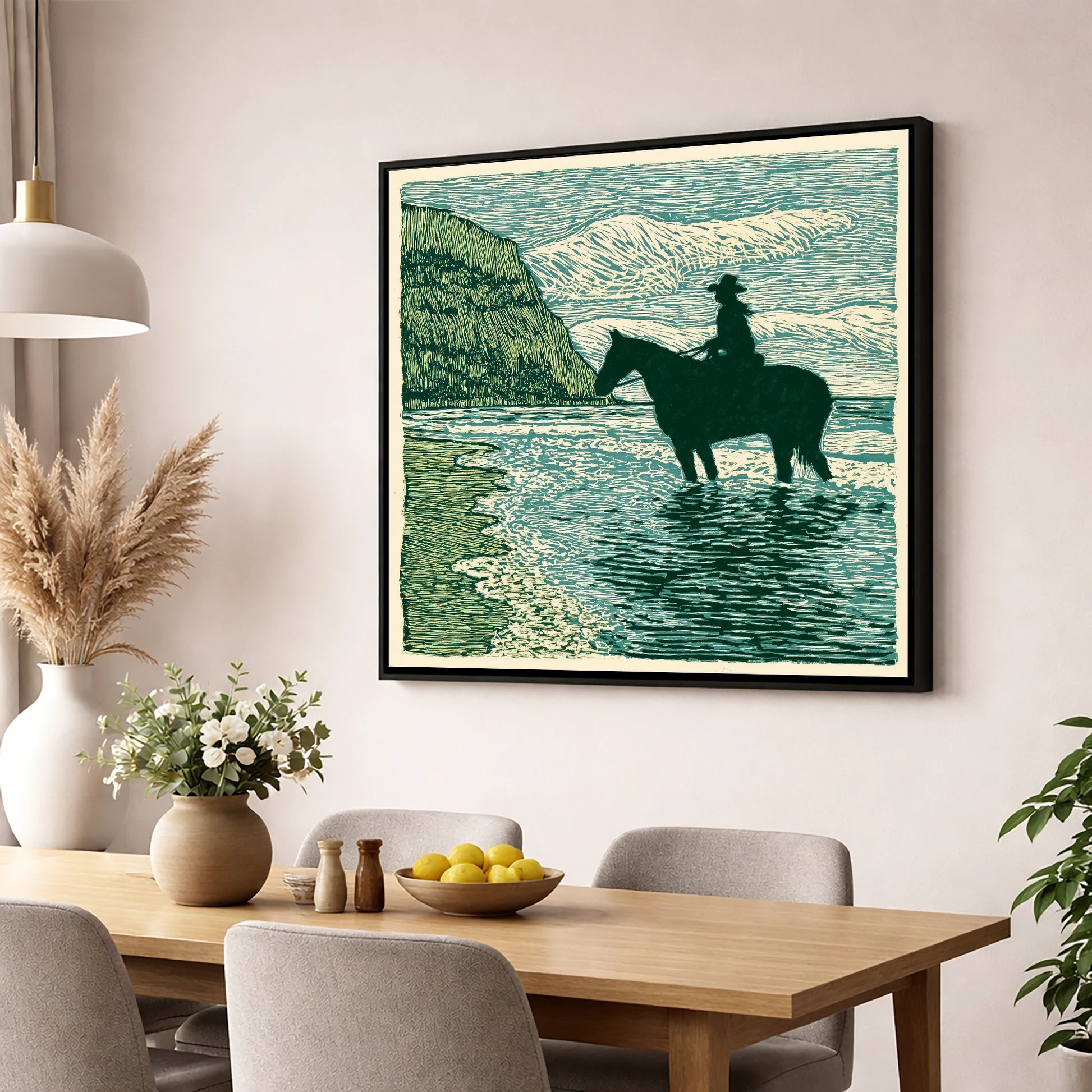Edge of the Tide beach horse wall art displayed in a dining room