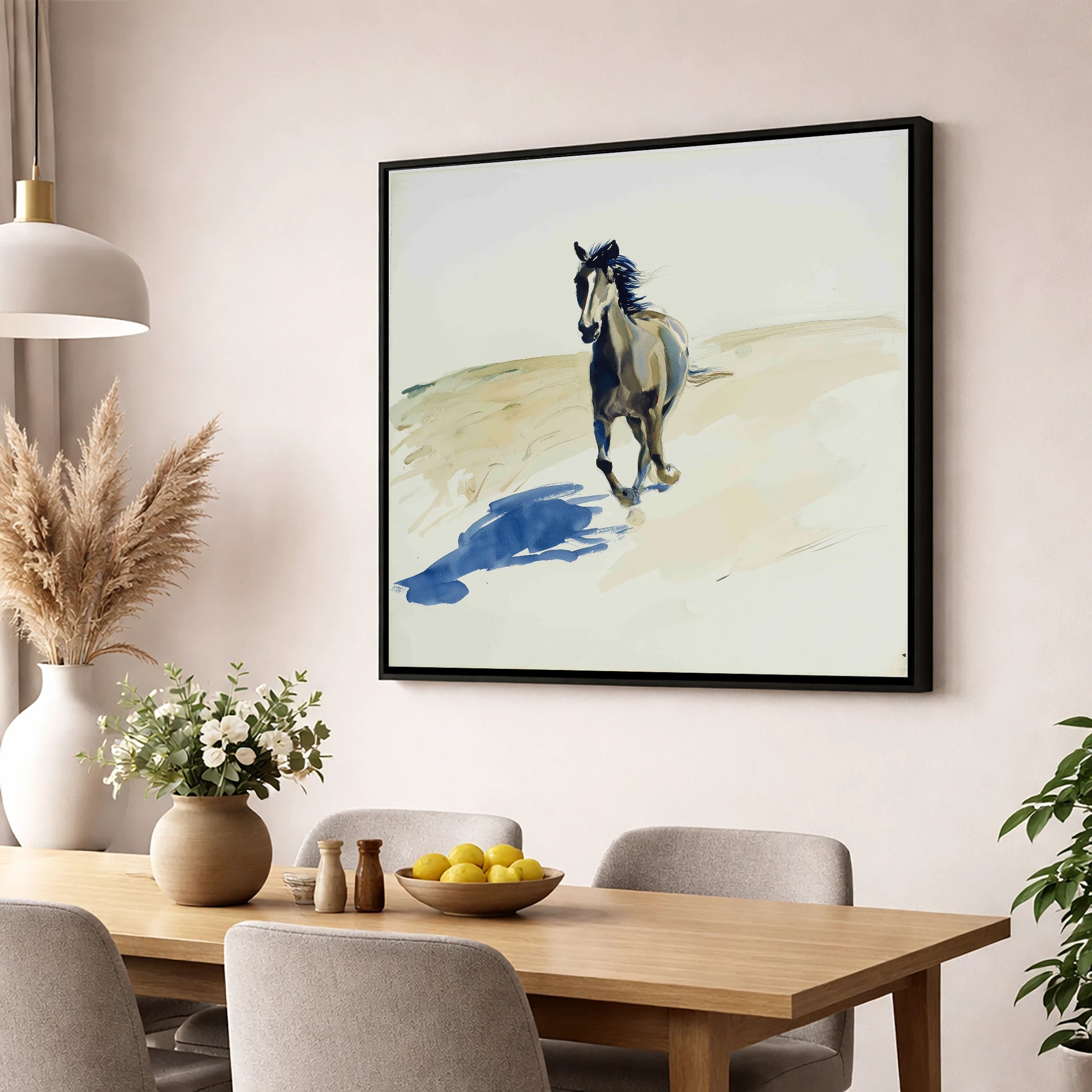 Indigo Shadow Canter wild horses wall art displayed in a dining room