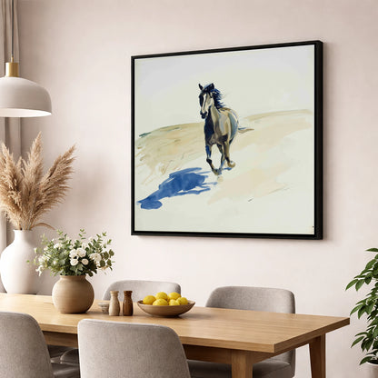 Indigo Shadow Canter wild horses wall art displayed in a dining room