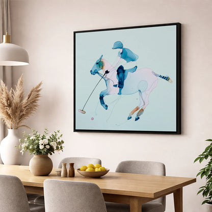Ethereal Polo Strike polo horse wall art displayed in a dining room