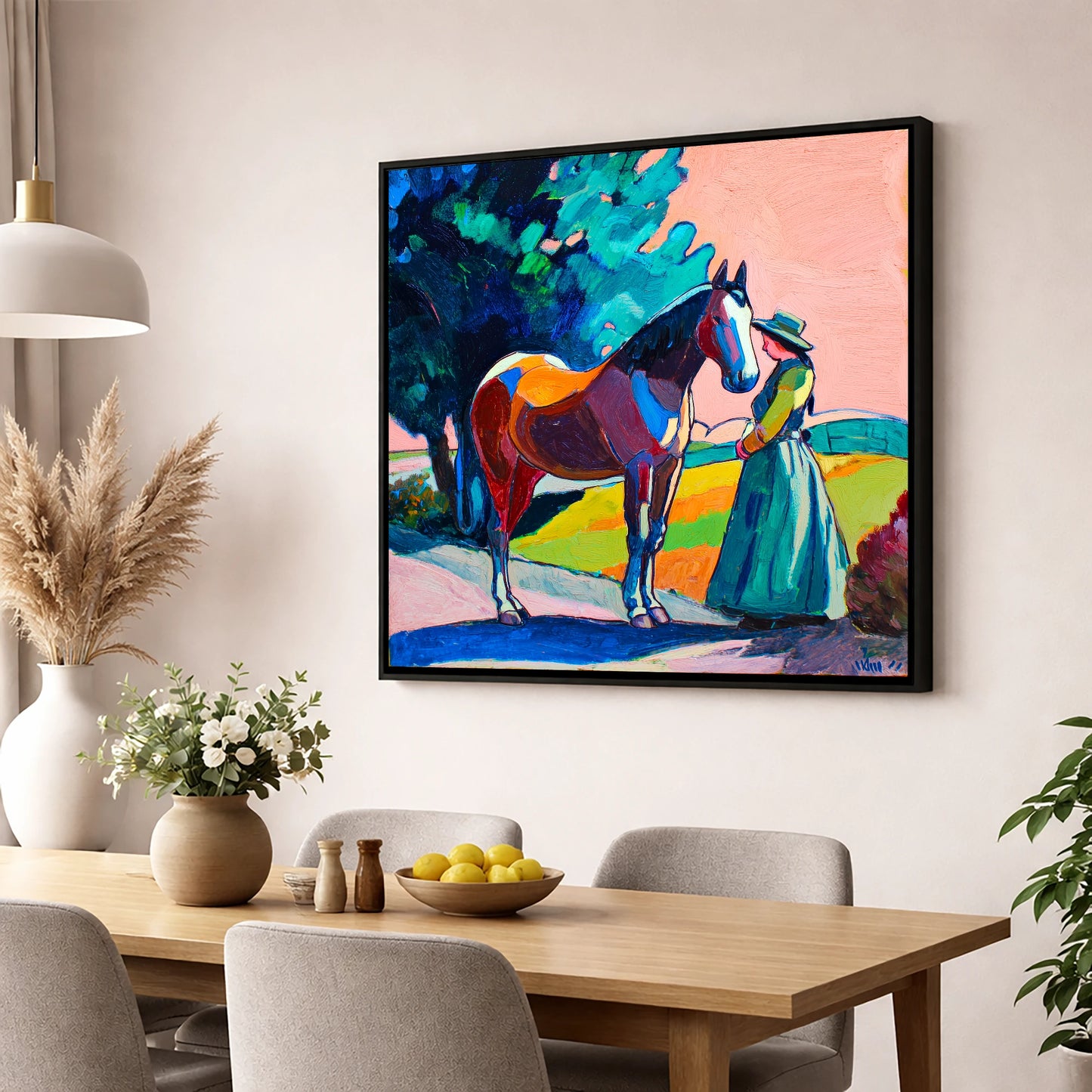 Painted Bond horse & rider wall art displayed in a dining room