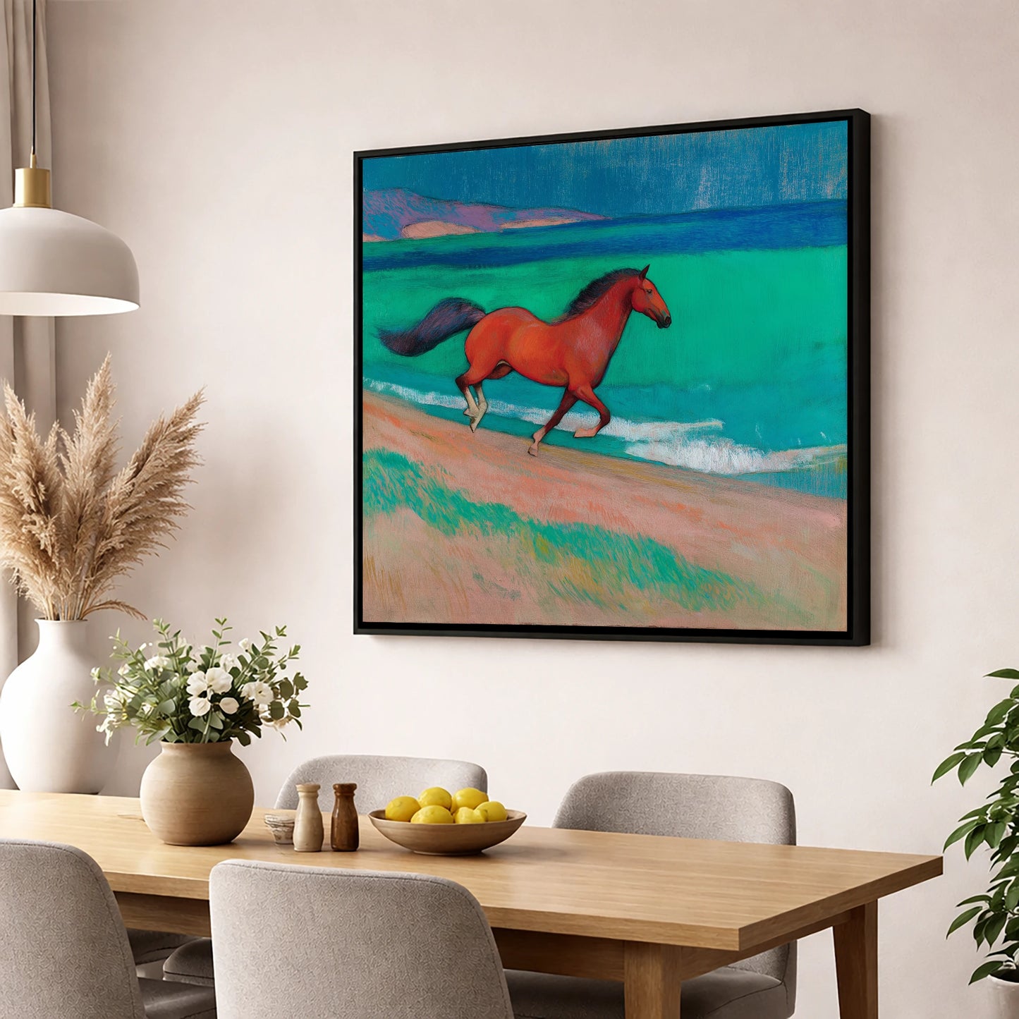 Crimson Coastal Canter horse landscape wall art displayed in a dining room