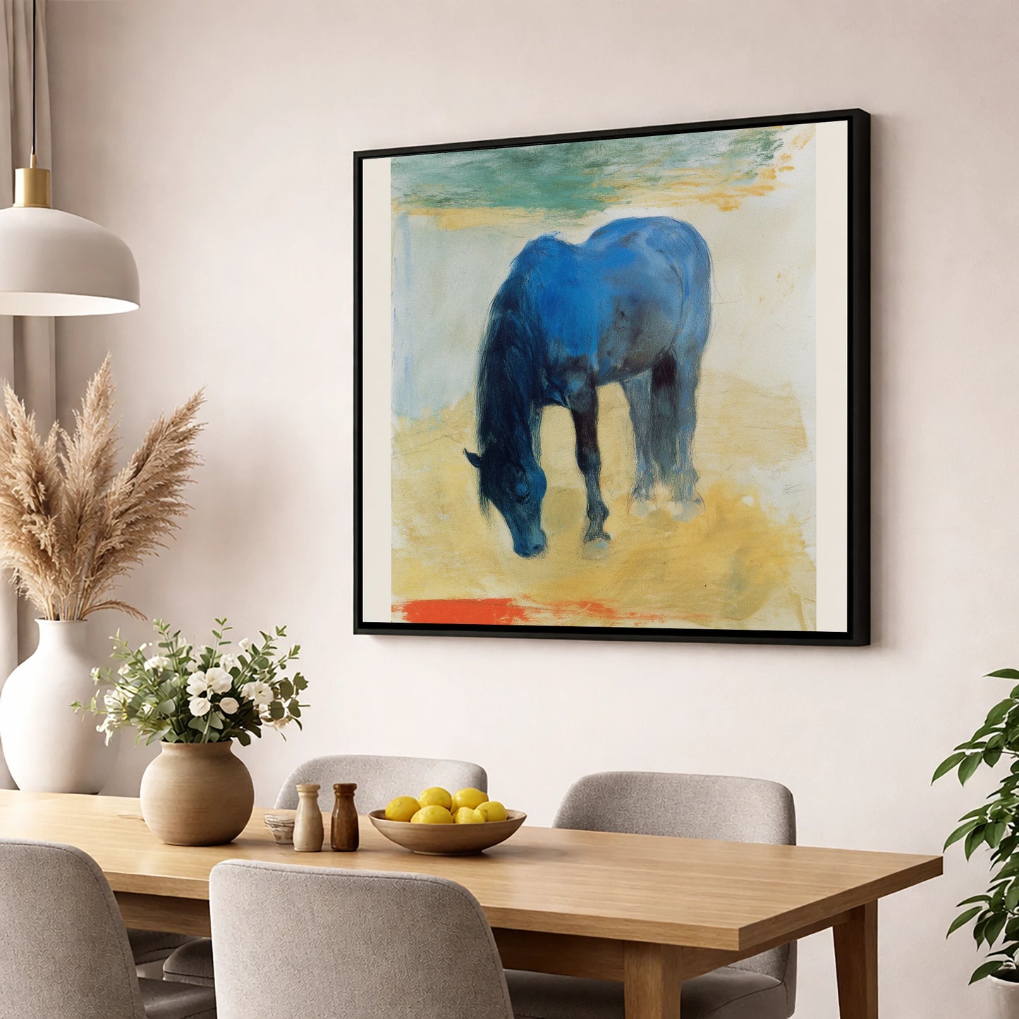 The Cerulean Grazer horse breed wall art displayed in a dining room