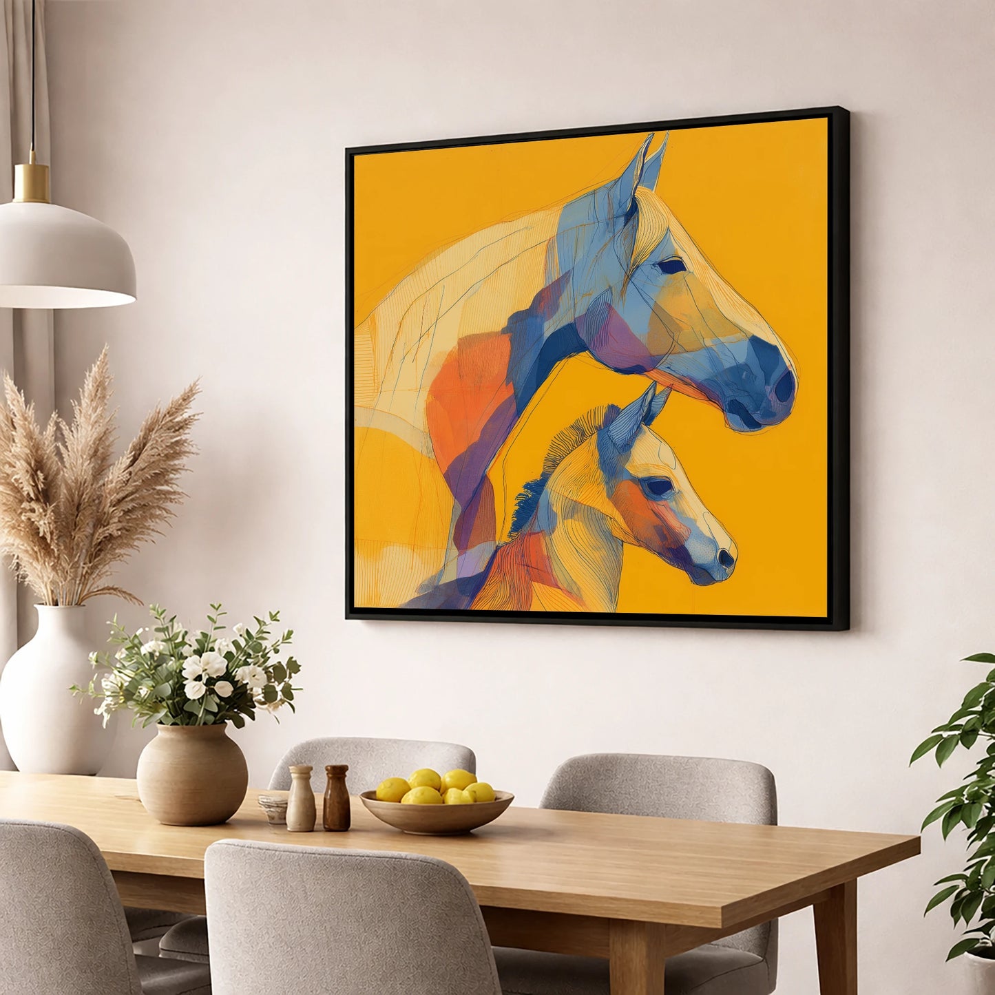 Golden Lineage mare & foal wall art displayed in a dining room