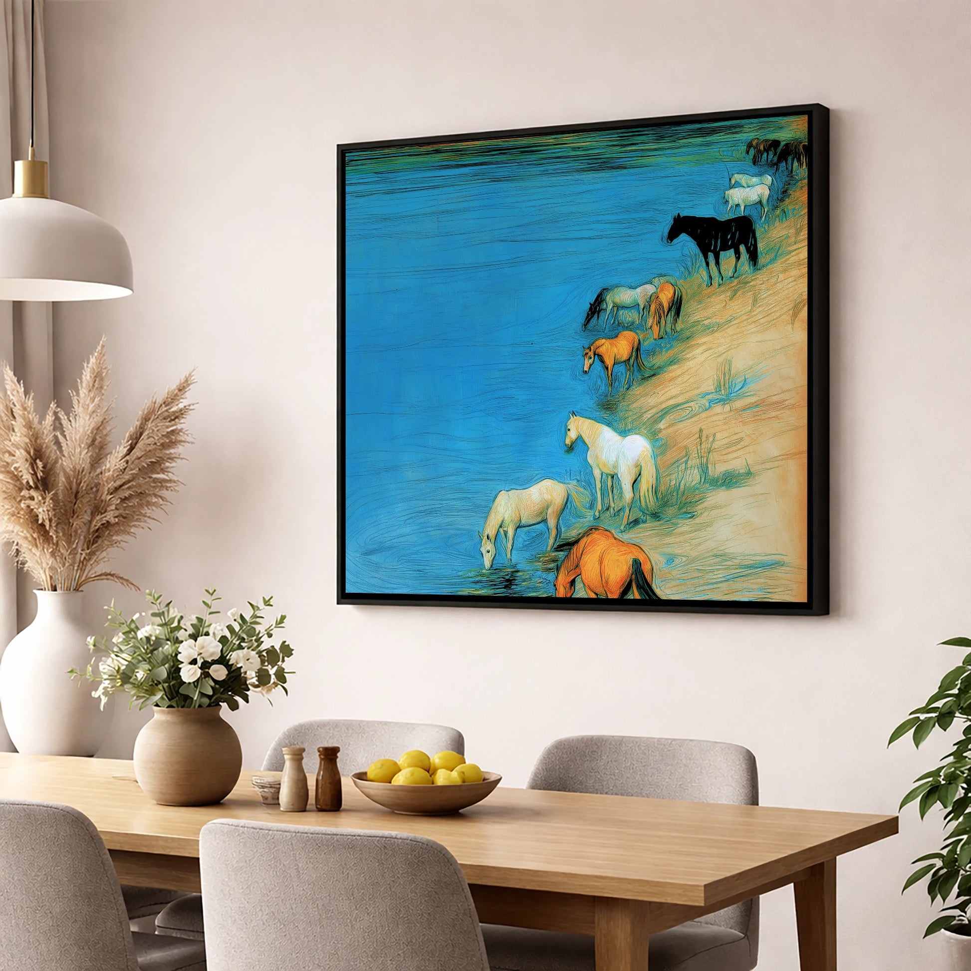 Cerulean River Herd wild horses wall art displayed in a dining room