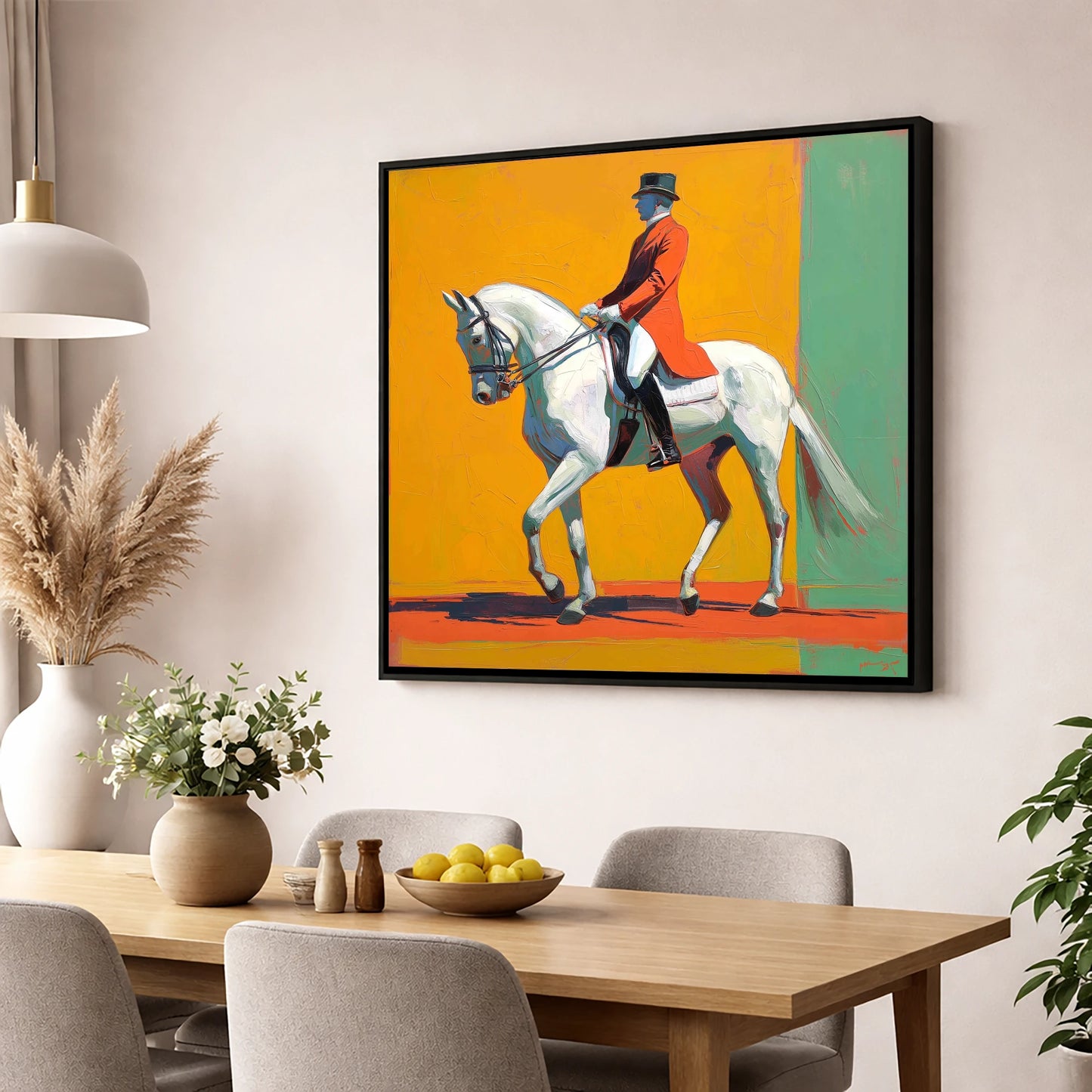 Radiant Dressage Stride dressage horse wall art displayed in a dining room