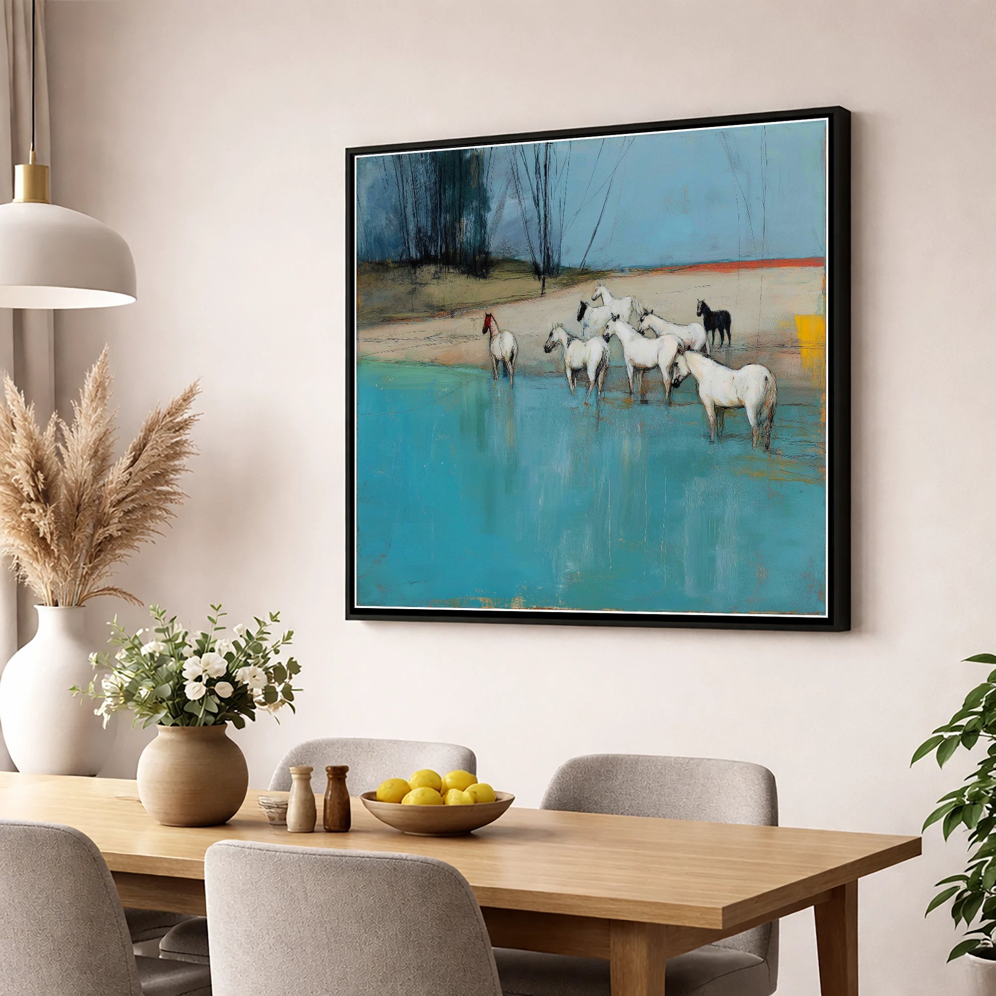 Wading in Teal Shallows wild horses wall art displayed in a dining room