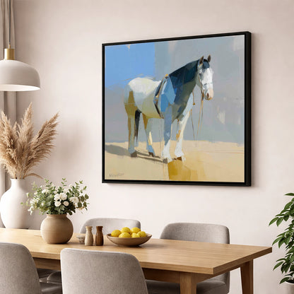 Sunlit Slate Draught working horse wall art displayed in a dining room