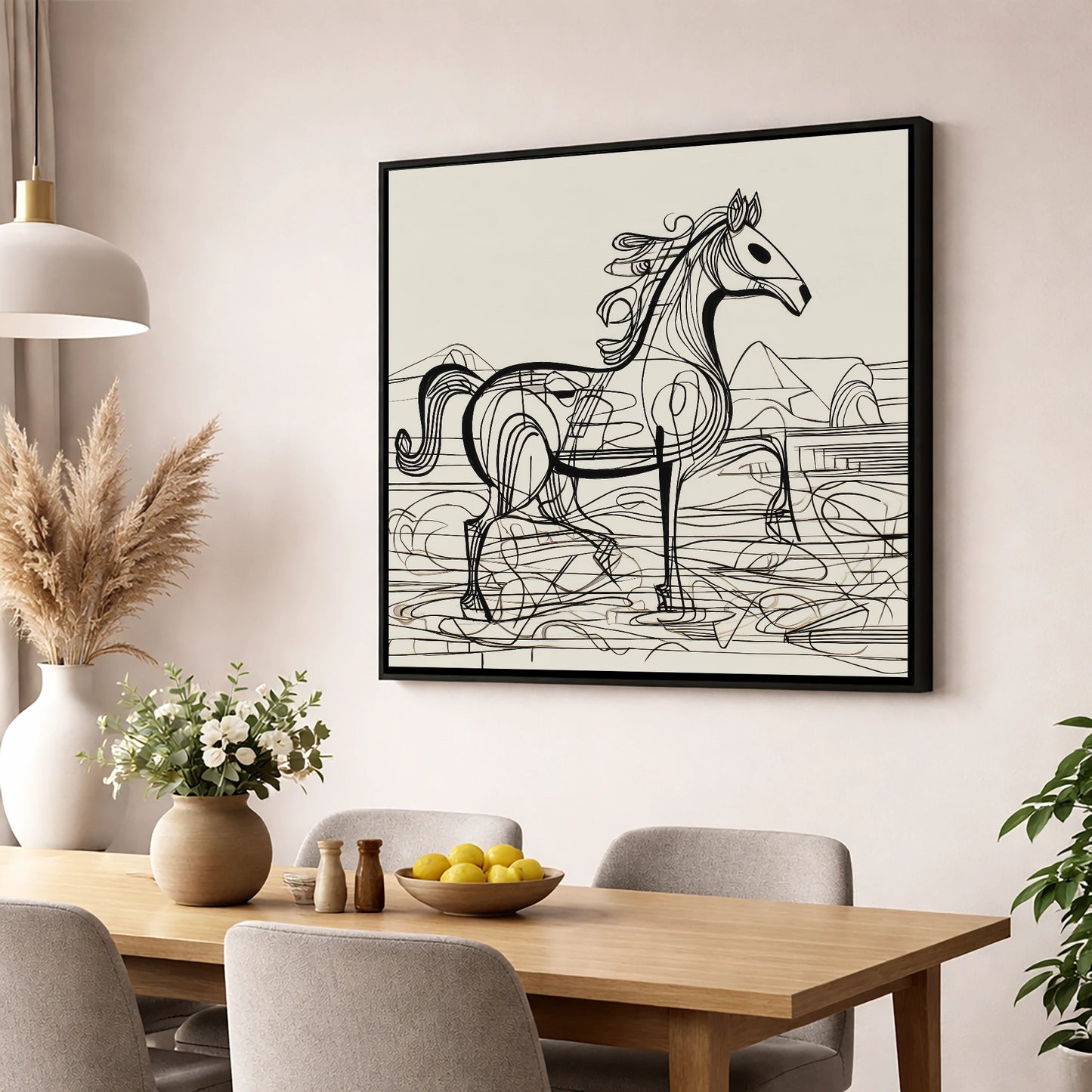 Coastline Contours beach horse wall art displayed in a dining room