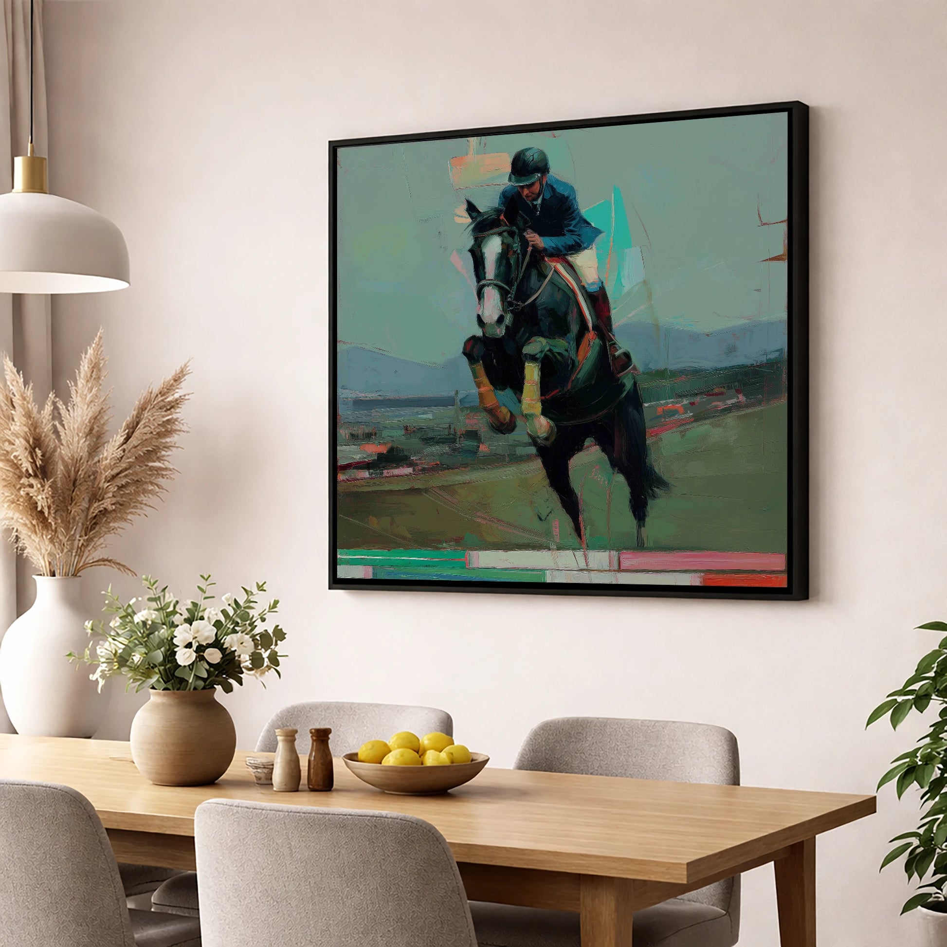 Bold Ascent show jumping horse wall art displayed in a dining room