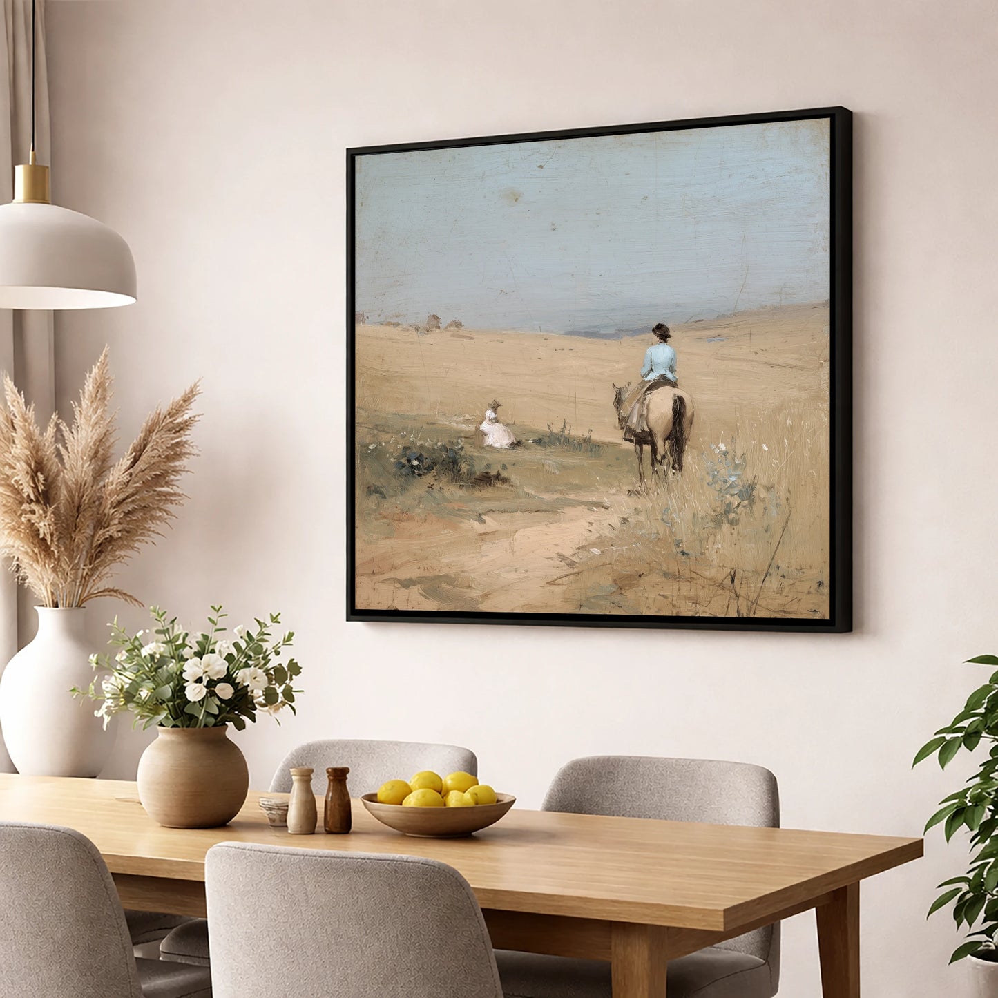 Hazy Summer Ride horse & rider wall art displayed in a dining room