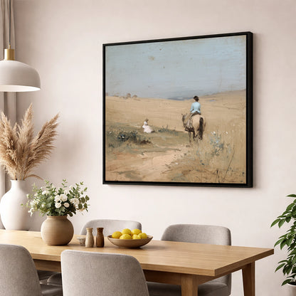 Hazy Summer Ride horse & rider wall art displayed in a dining room