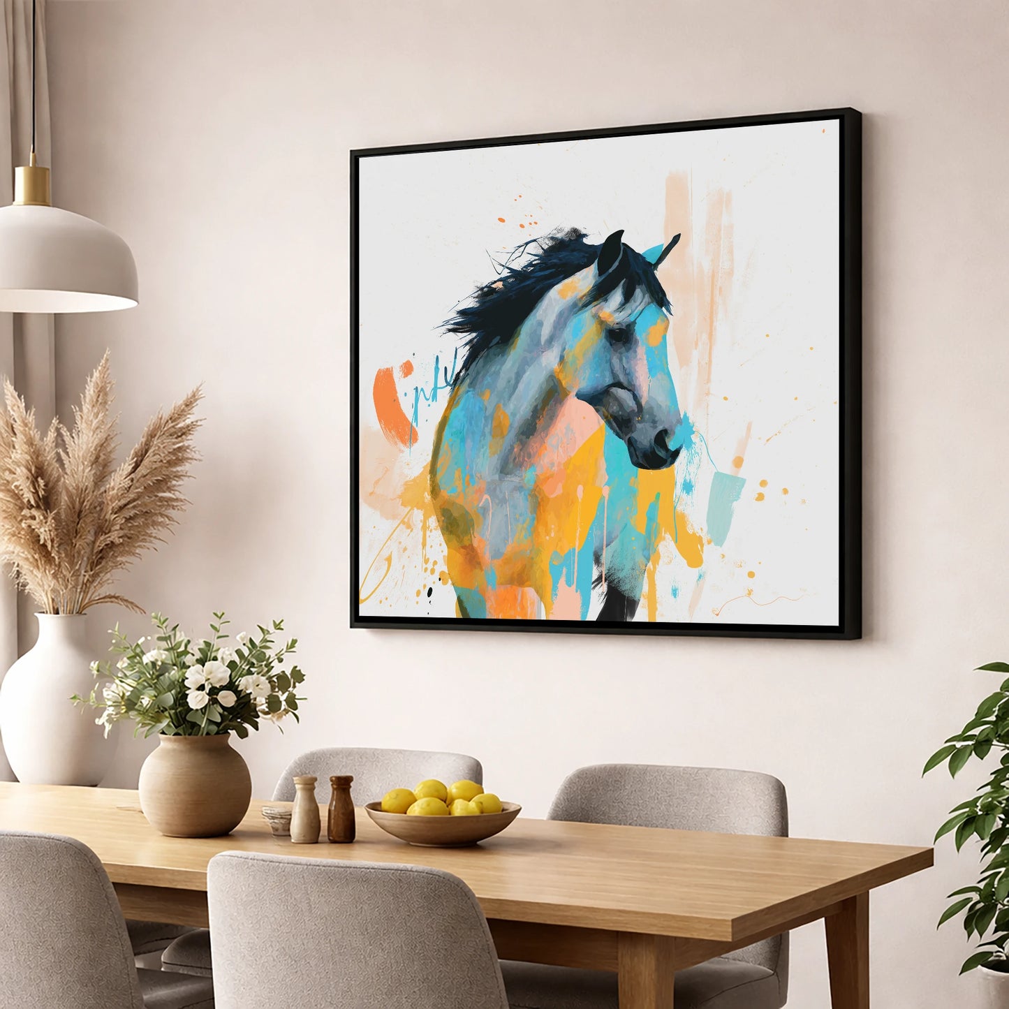 Teal and Amber Splendour horse portrait wall art displayed in a dining room