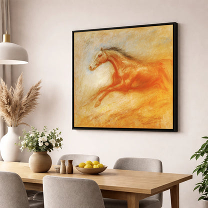 The Golden Gallop racing horse wall art displayed in a dining room