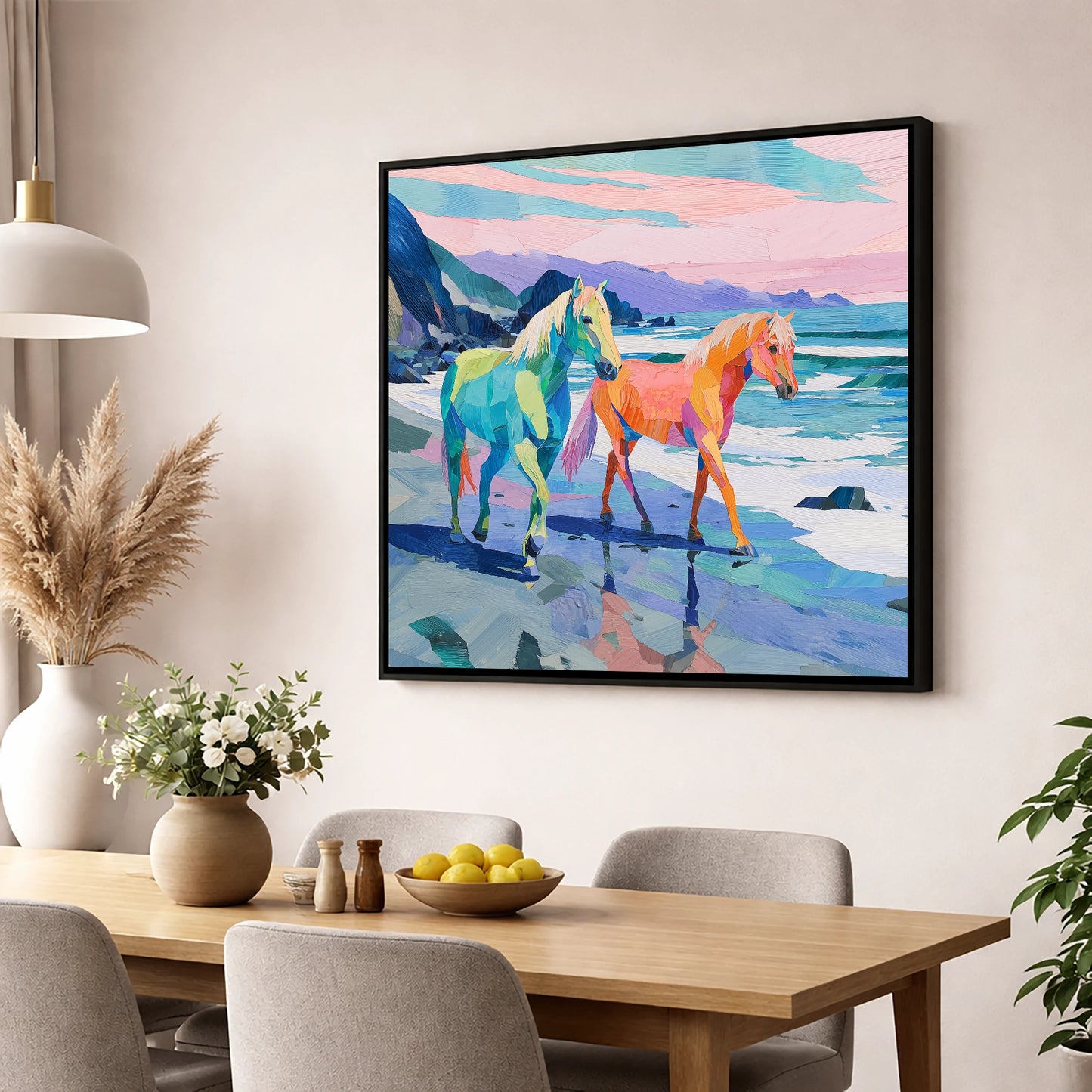 Vivid Coastal Companions horse landscape wall art displayed in a dining room