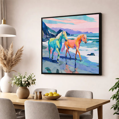 Vivid Coastal Companions horse landscape wall art displayed in a dining room