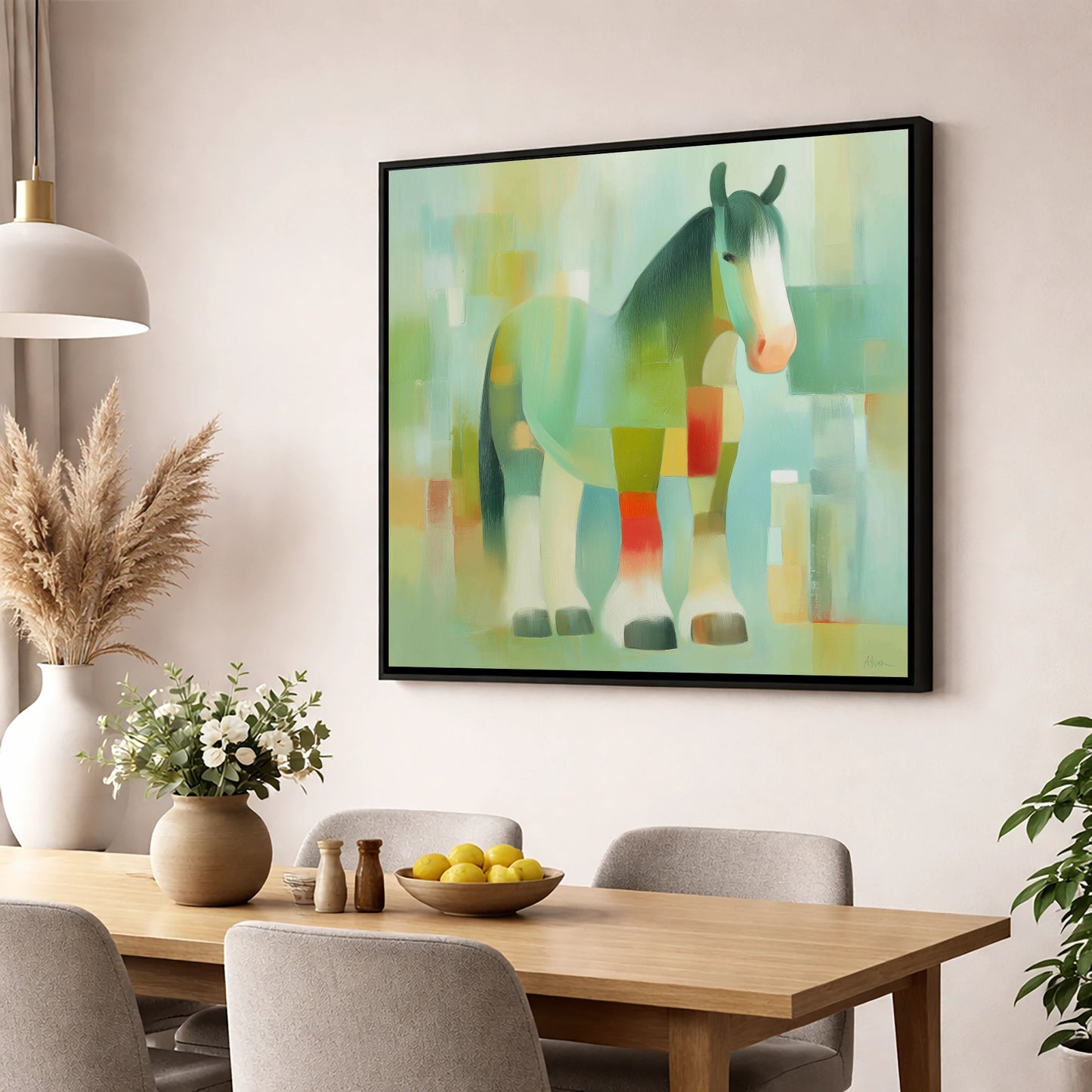 Geometric Gentle Giant horse breed wall art displayed in a dining room
