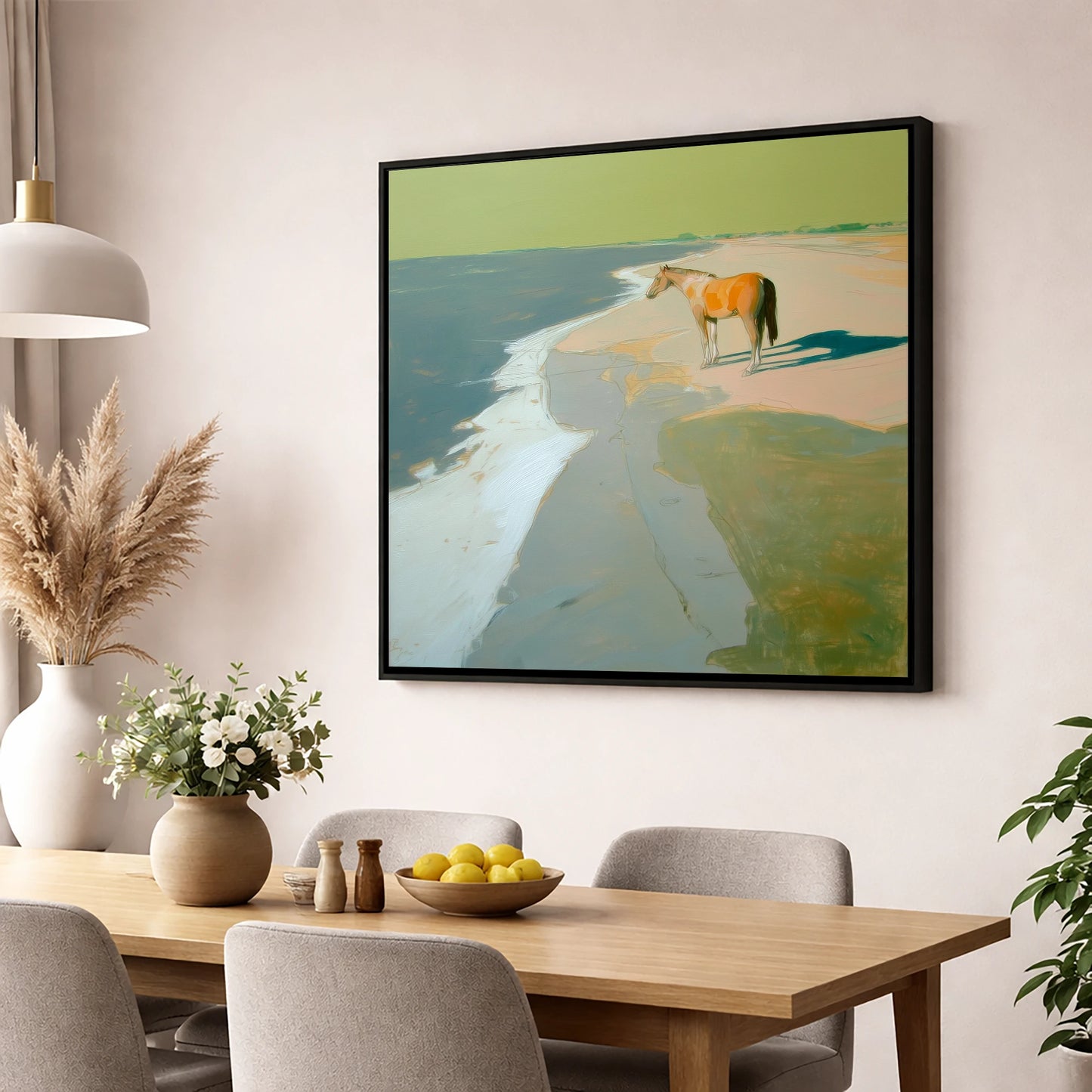 Shoreline Solitude horse landscape wall art displayed in a dining room