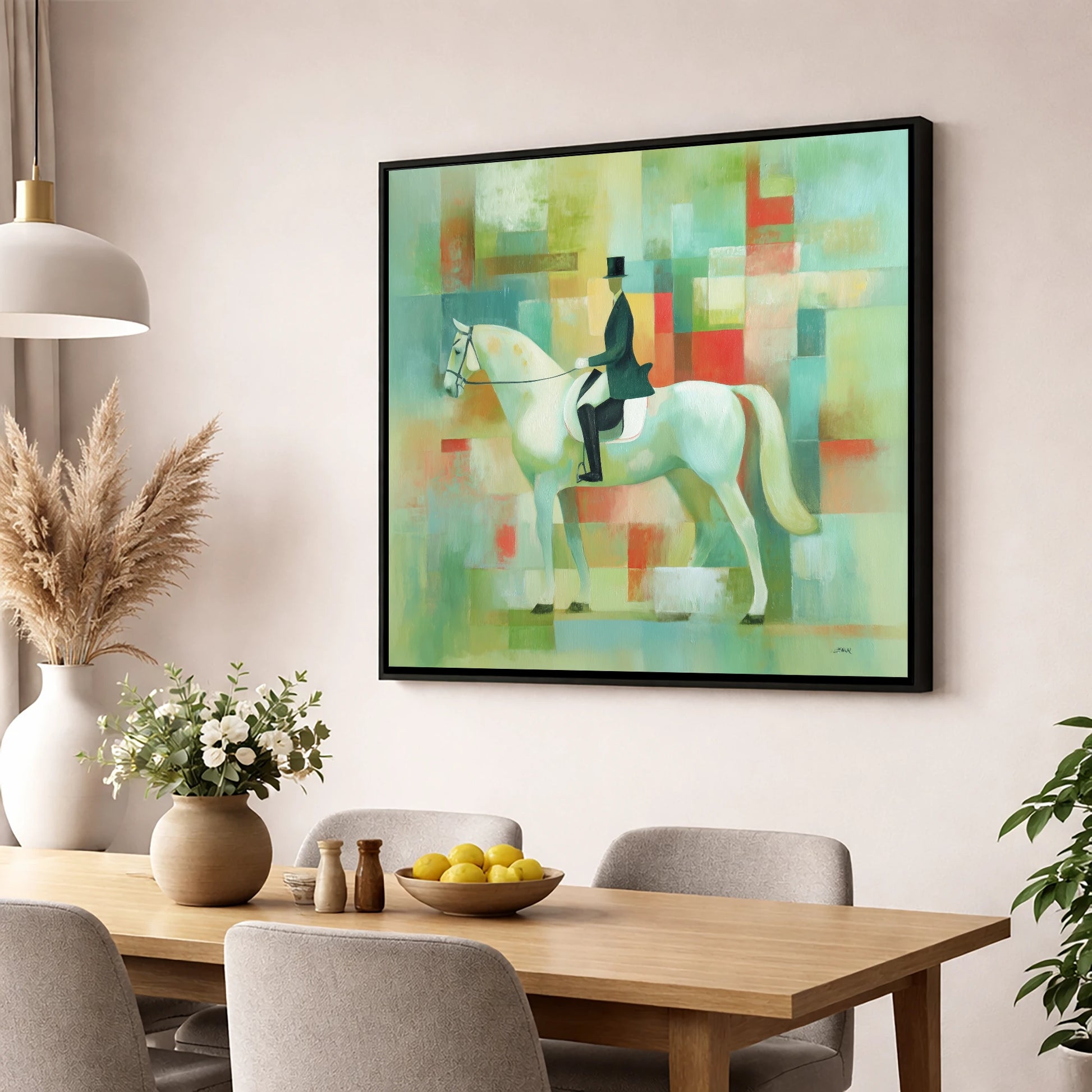 Structured Elegance dressage horse wall art displayed in a dining room