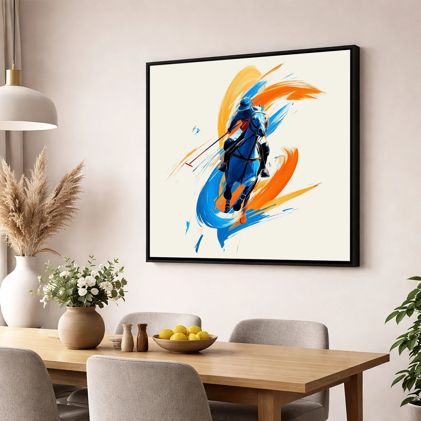 The Indigo Strike polo horse wall art displayed in a dining room