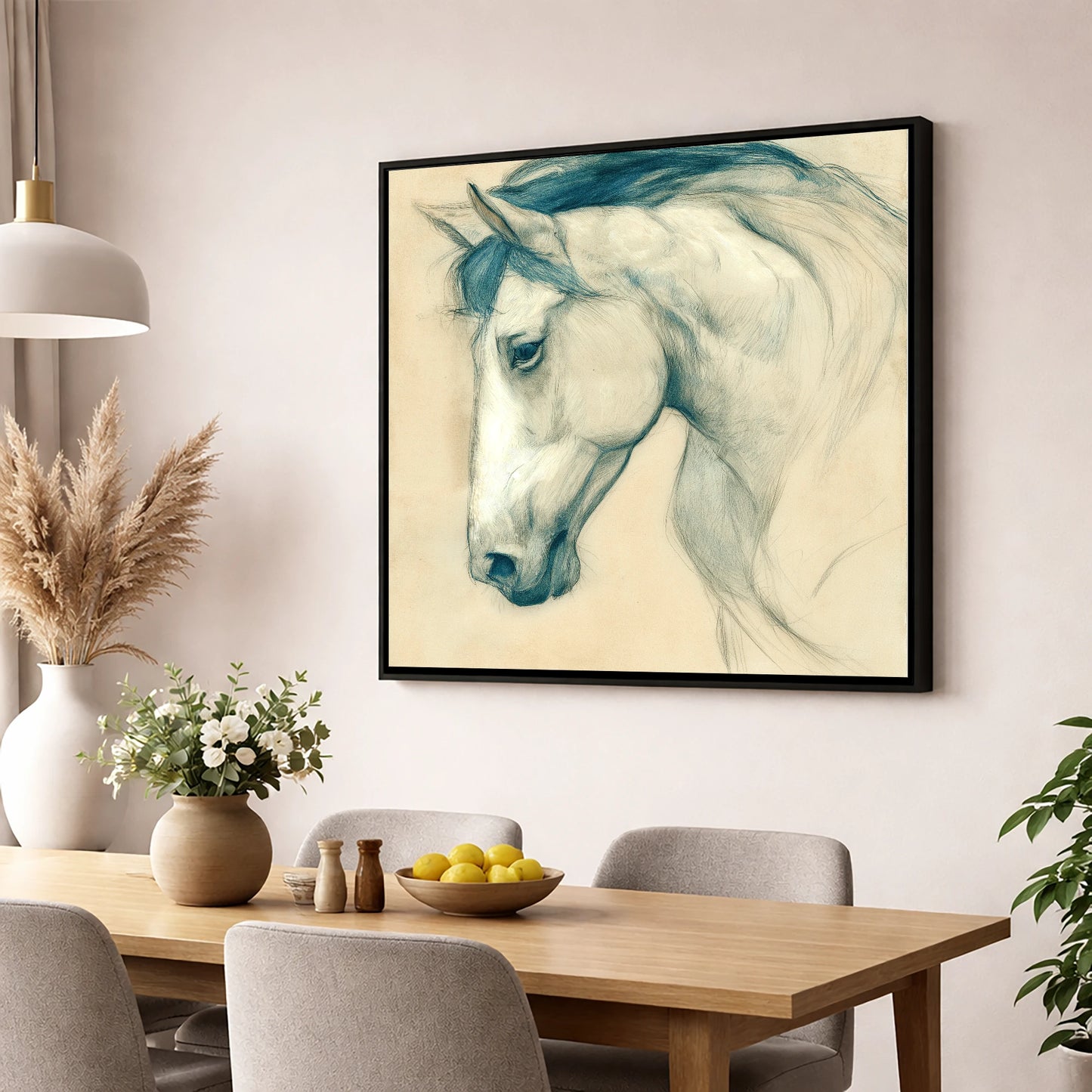 Quiet Grey Profile horse portrait wall art displayed in a dining room