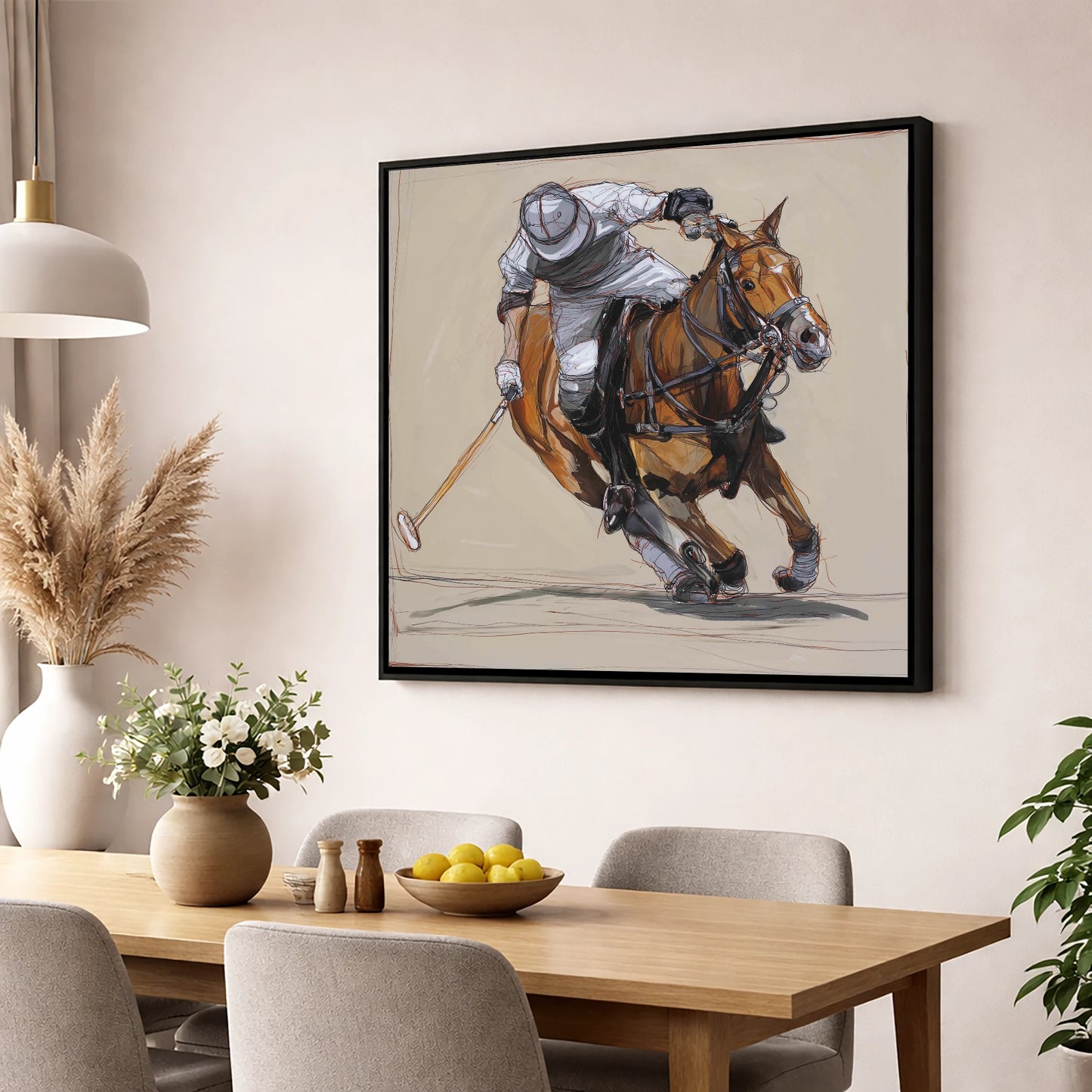 The Decisive Strike polo horse wall art displayed in a dining room
